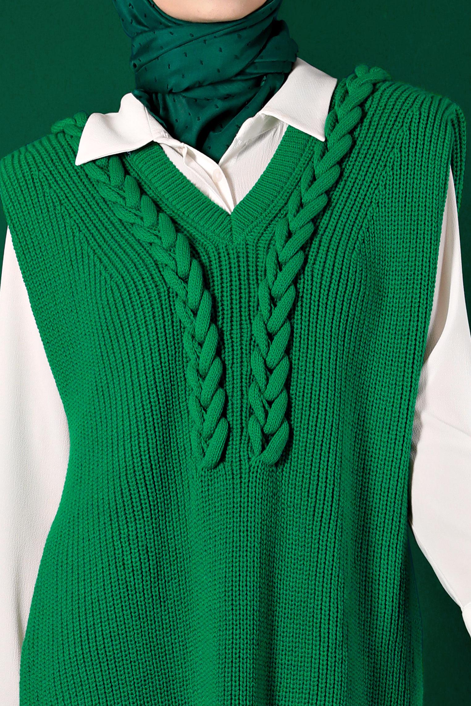 Tesettür giyim YEŞİL VATKALI ÖRGÜ DETAYLI TRİKO SÜVETER 43123	