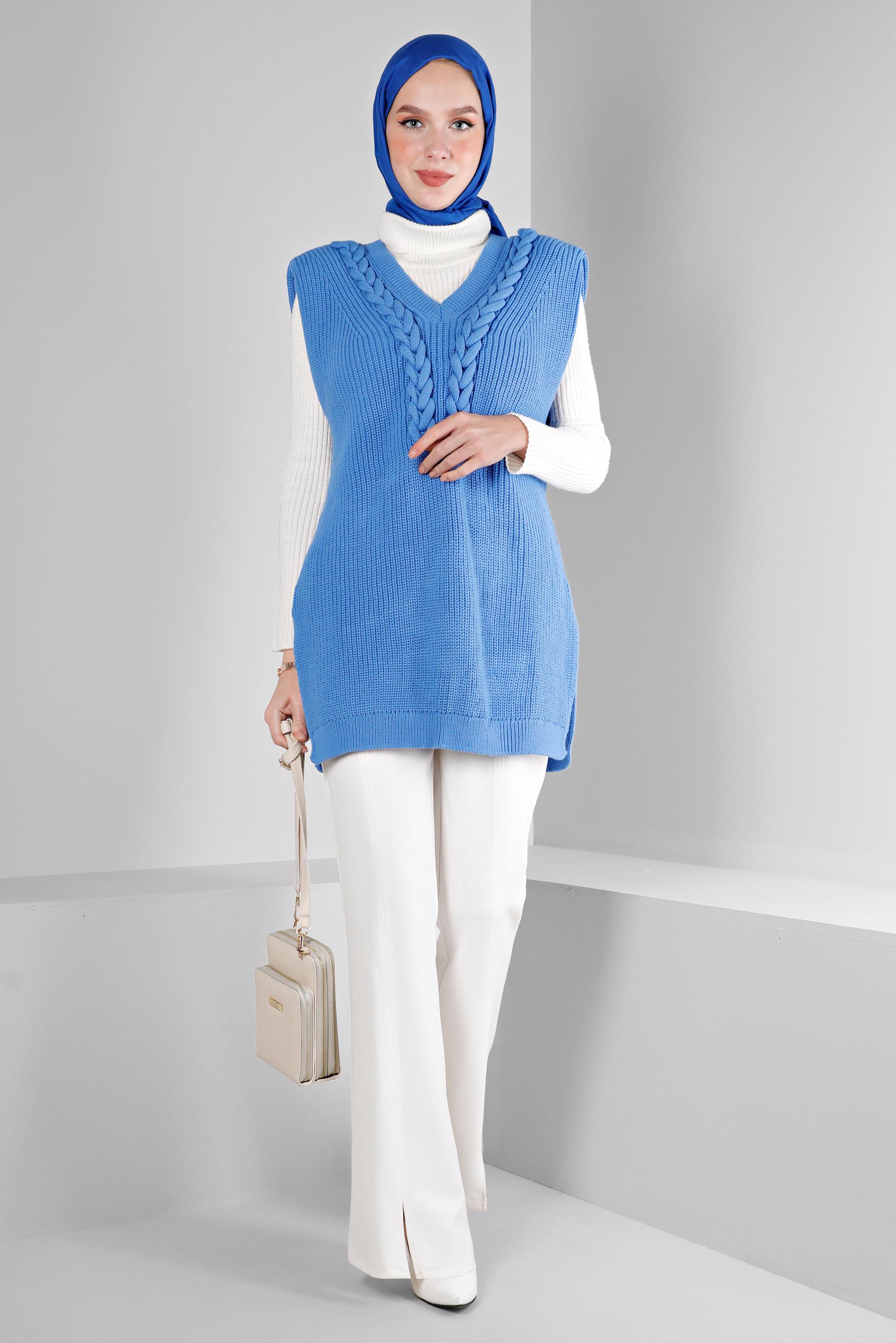 Tesettür giyim MAVİ VATKALI ÖRGÜ DETAYLI TRİKO SÜVETER 43123	