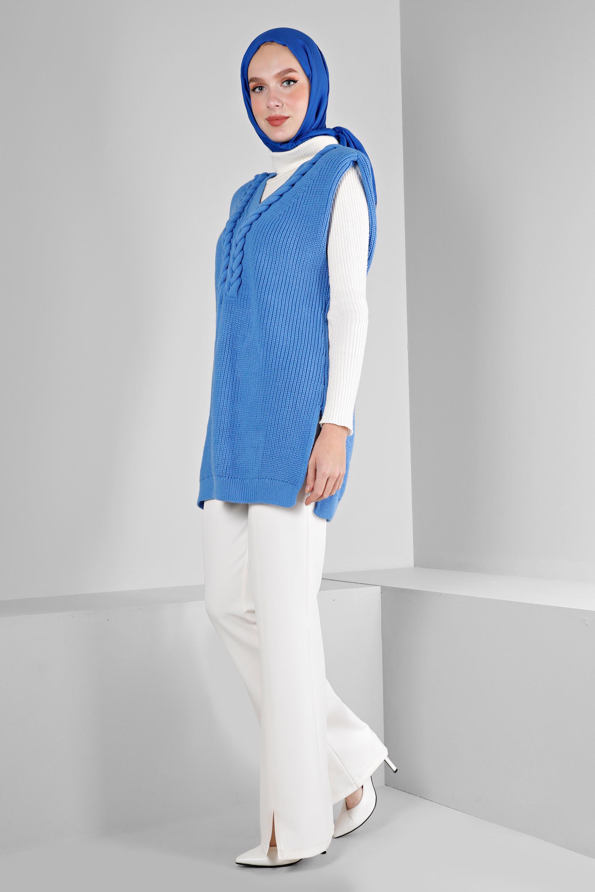 Tesettür giyim MAVİ VATKALI ÖRGÜ DETAYLI TRİKO SÜVETER 43123	