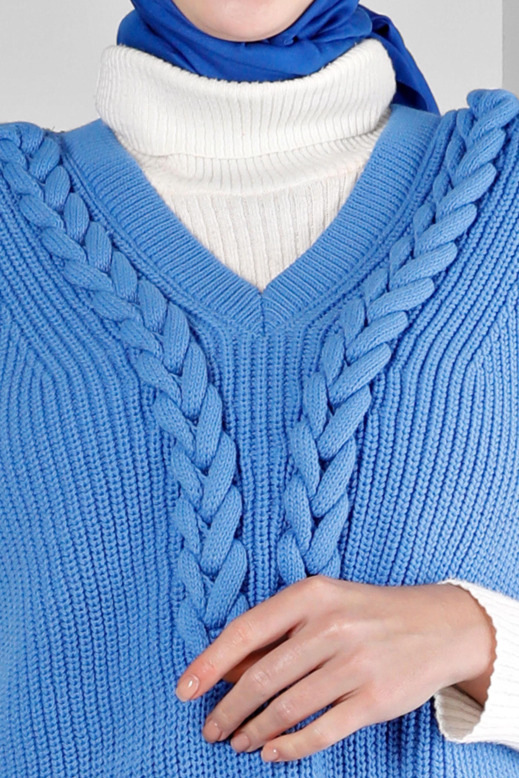 Tesettür giyim MAVİ VATKALI ÖRGÜ DETAYLI TRİKO SÜVETER 43123	