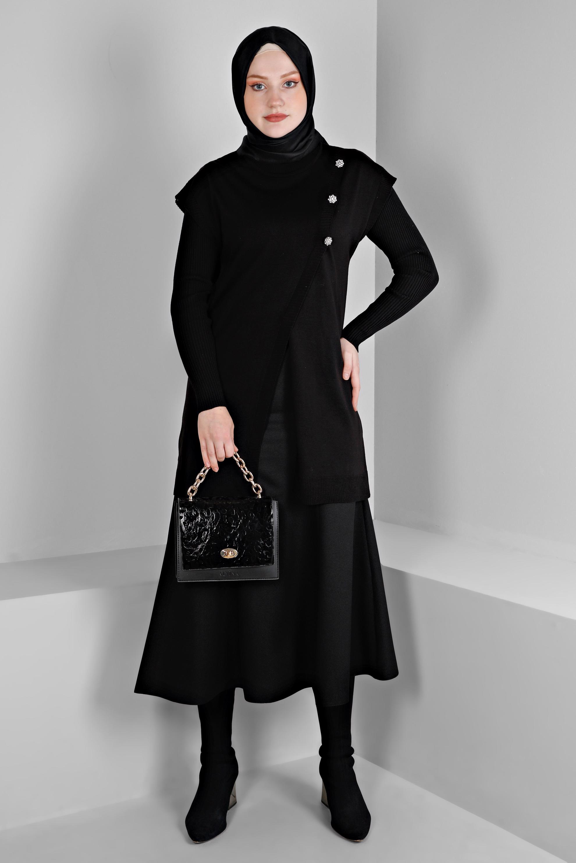 Tesettür giyim SİYAH TAŞ DETAYLI TRİKO SÜVETER 43124