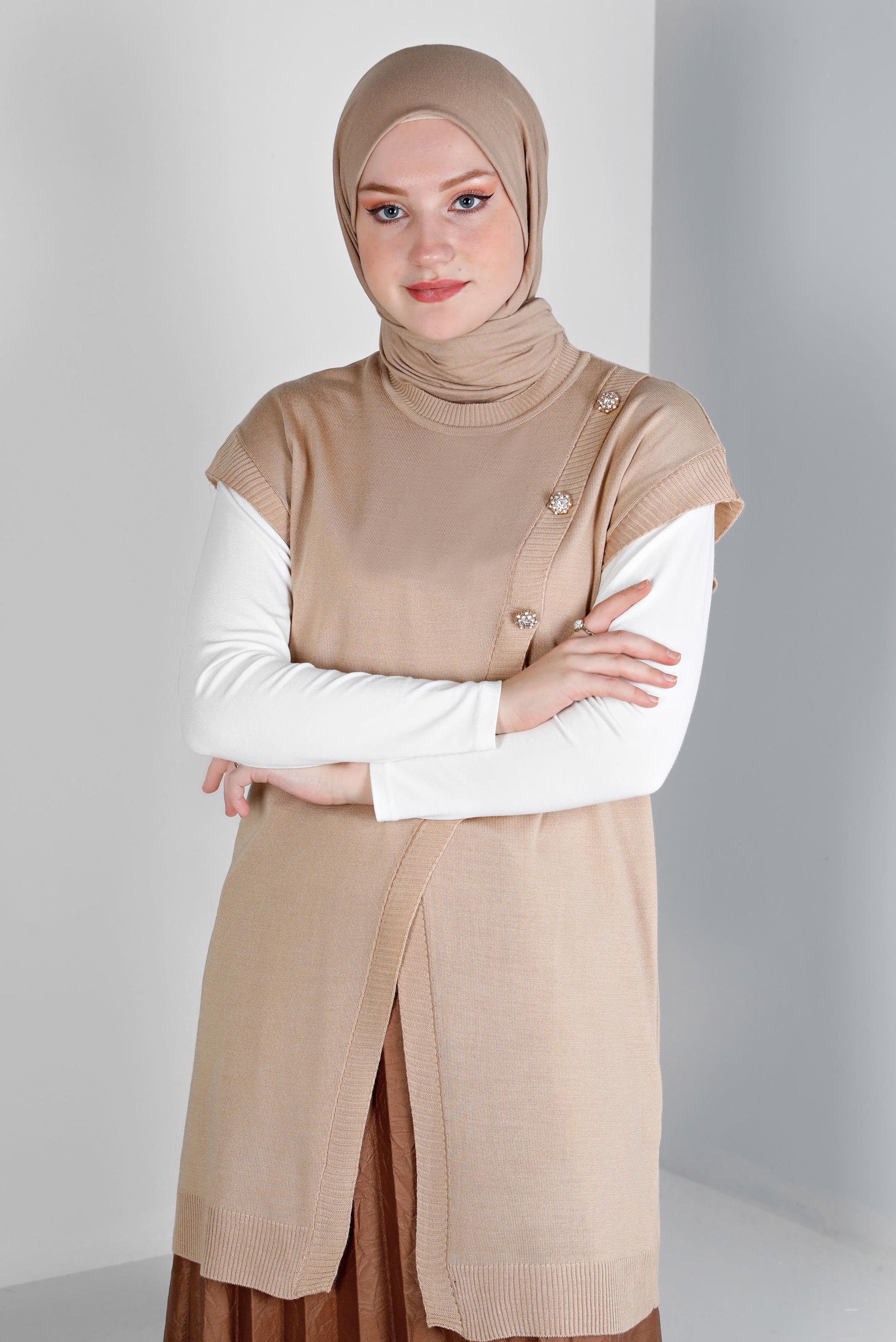 Tesettür giyim BEJ TAŞ DETAYLI TRİKO SÜVETER 43124