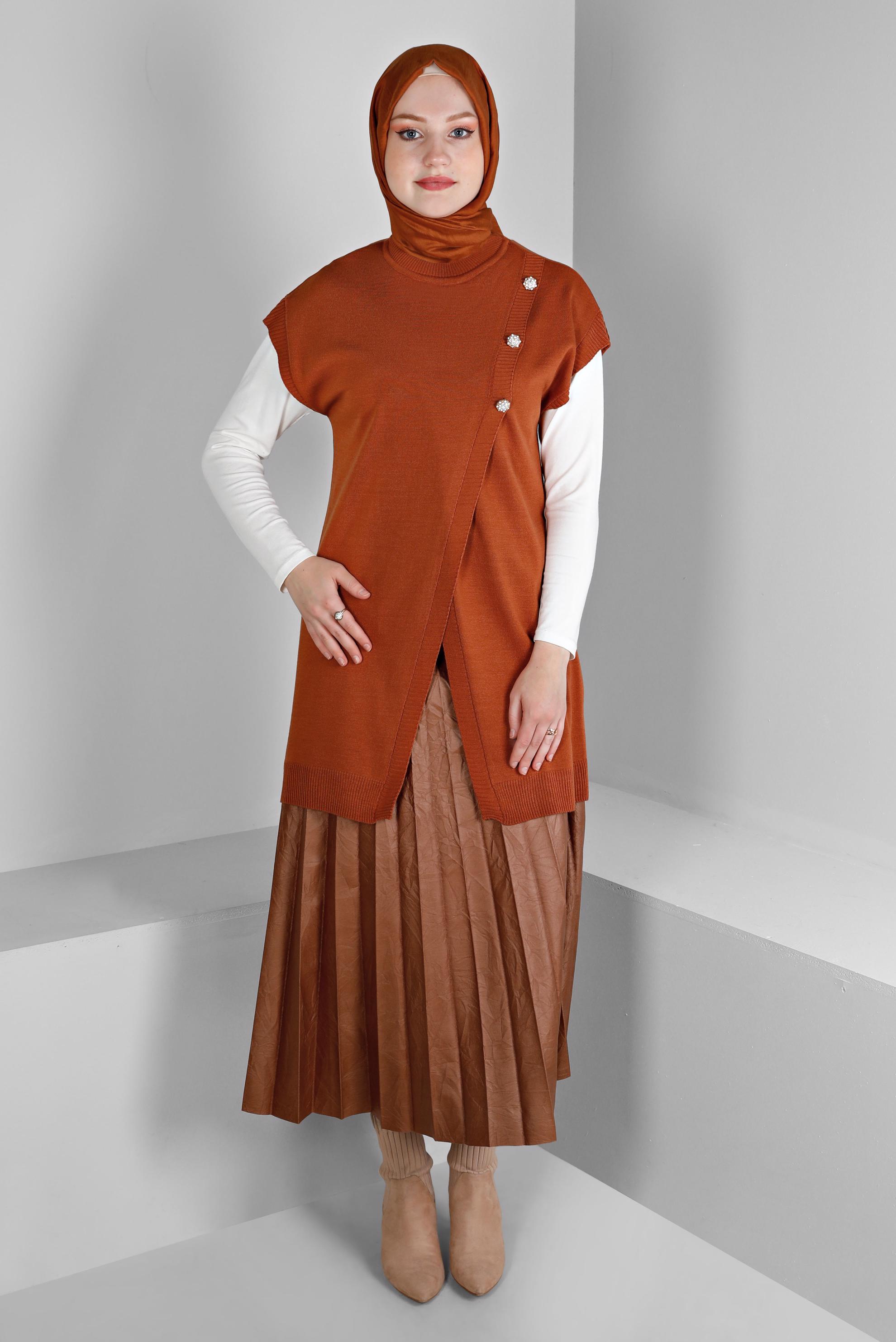 Tesettür giyim TURUNCU TAŞ DETAYLI TRİKO SÜVETER 43124