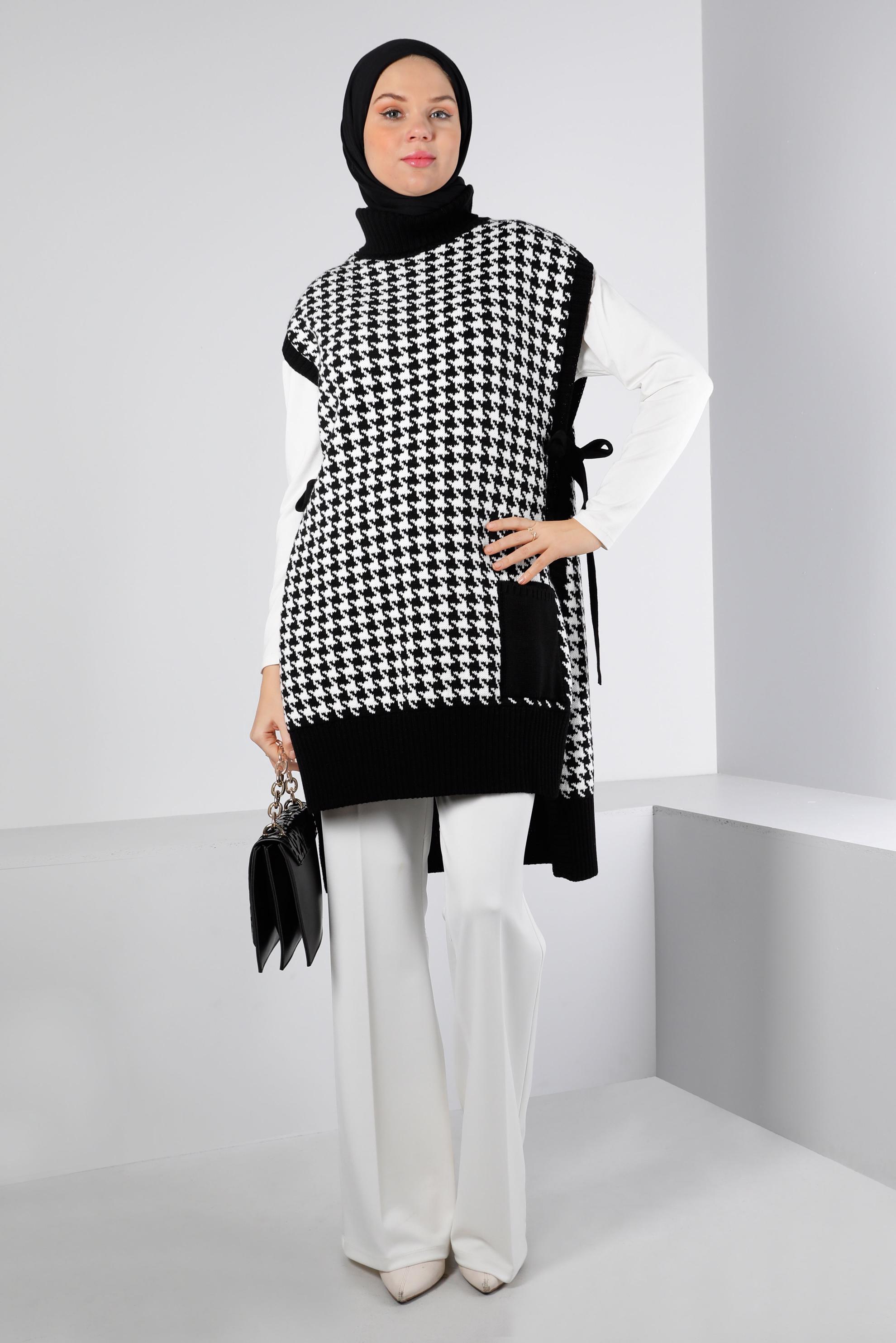 Tesettür giyim SİYAH YANDAN BAĞLAMALI KAZAYAĞI DESENLİ TRİKO SÜVETER 43141 