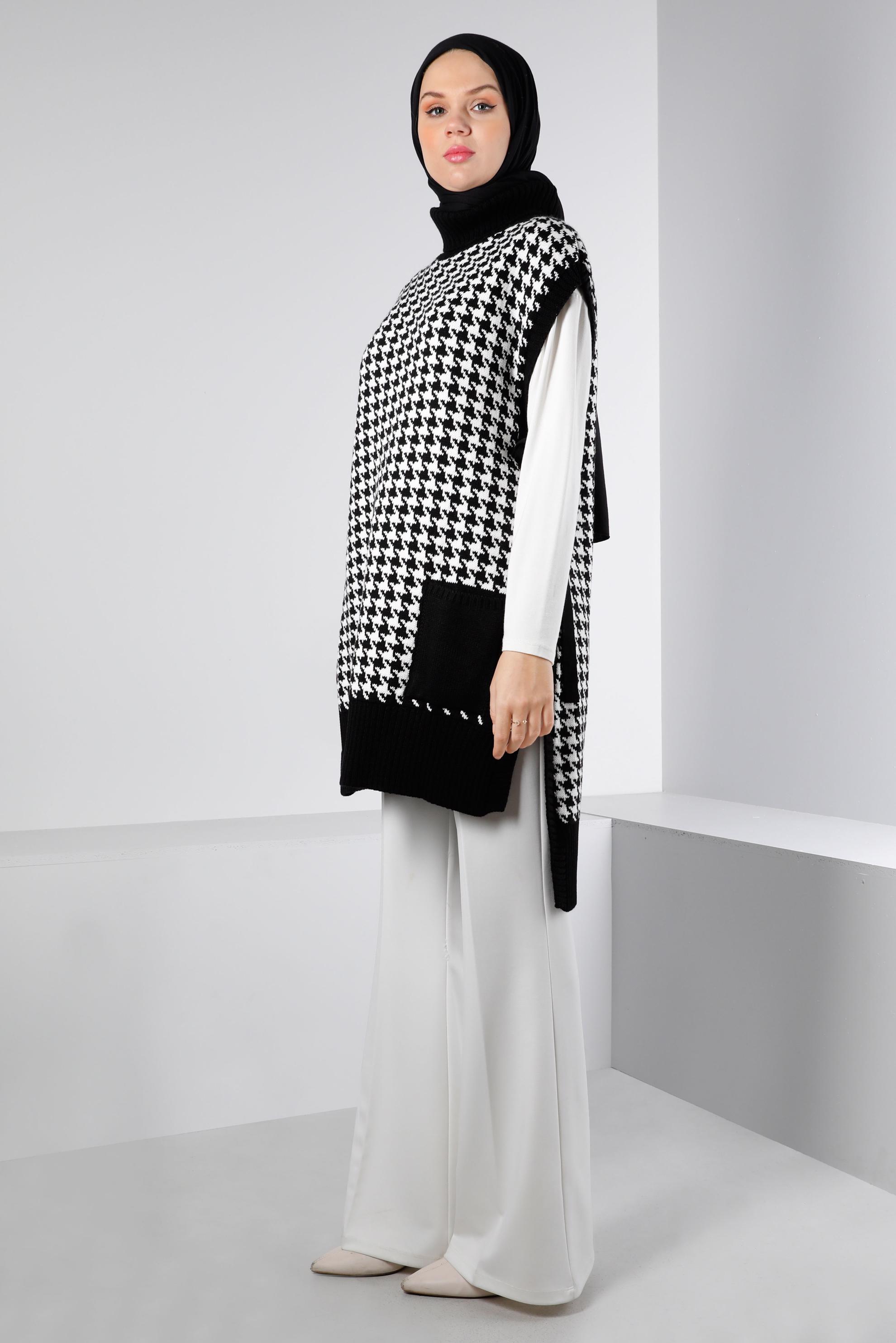 Tesettür giyim SİYAH YANDAN BAĞLAMALI KAZAYAĞI DESENLİ TRİKO SÜVETER 43141 