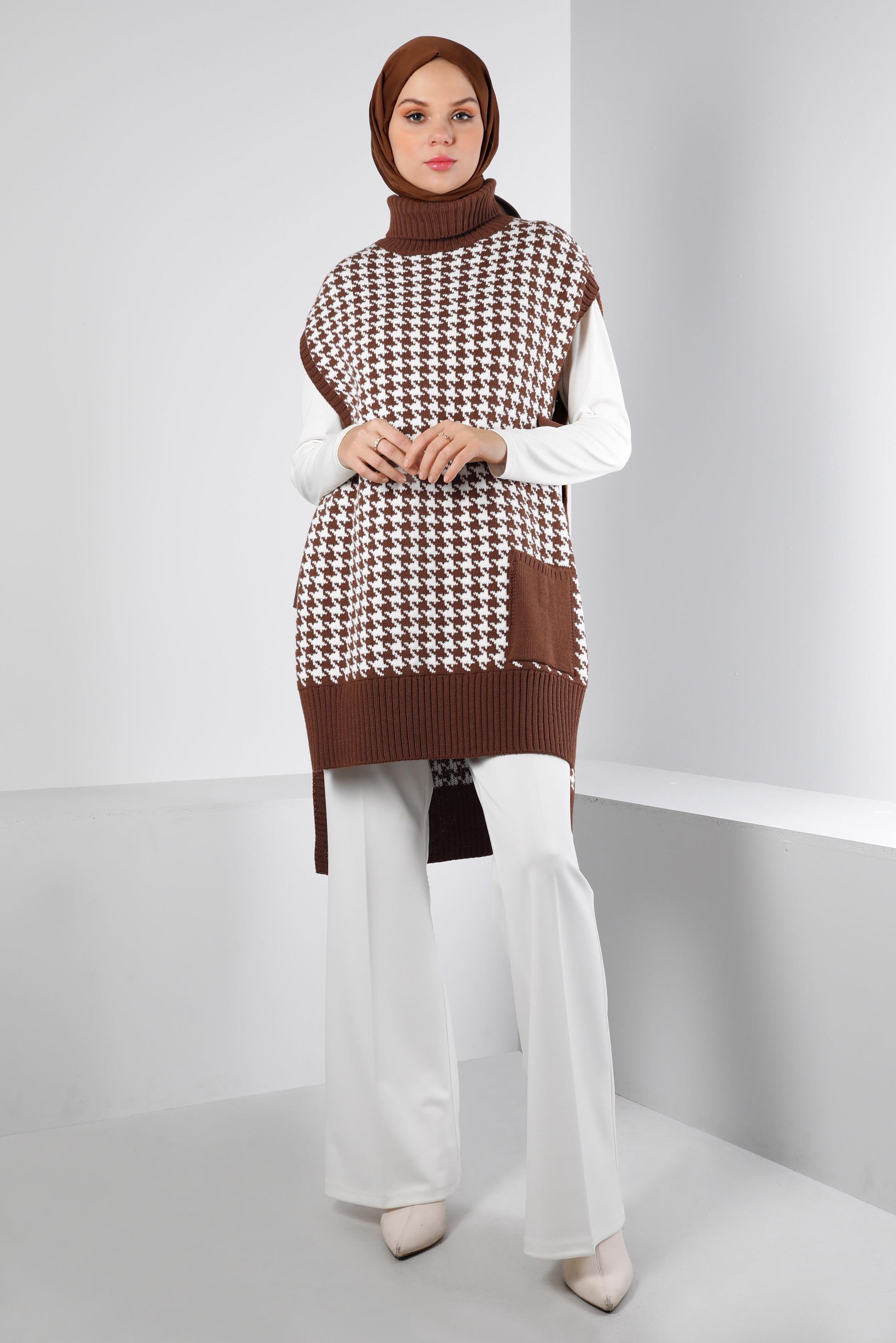 Tesettür giyim TABA YANDAN BAĞLAMALI KAZAYAĞI DESENLİ TRİKO SÜVETER 43141 