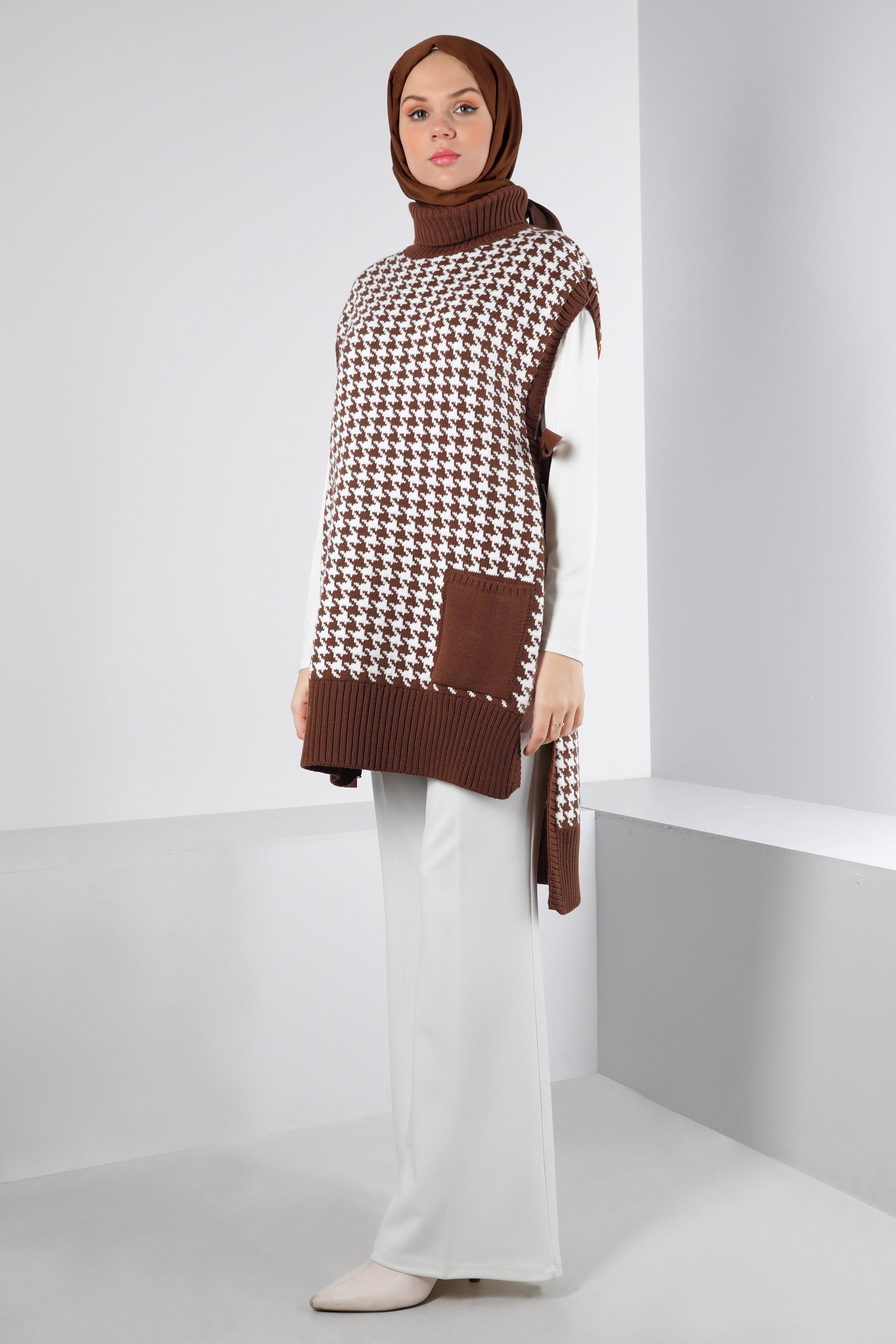 Tesettür giyim TABA YANDAN BAĞLAMALI KAZAYAĞI DESENLİ TRİKO SÜVETER 43141 