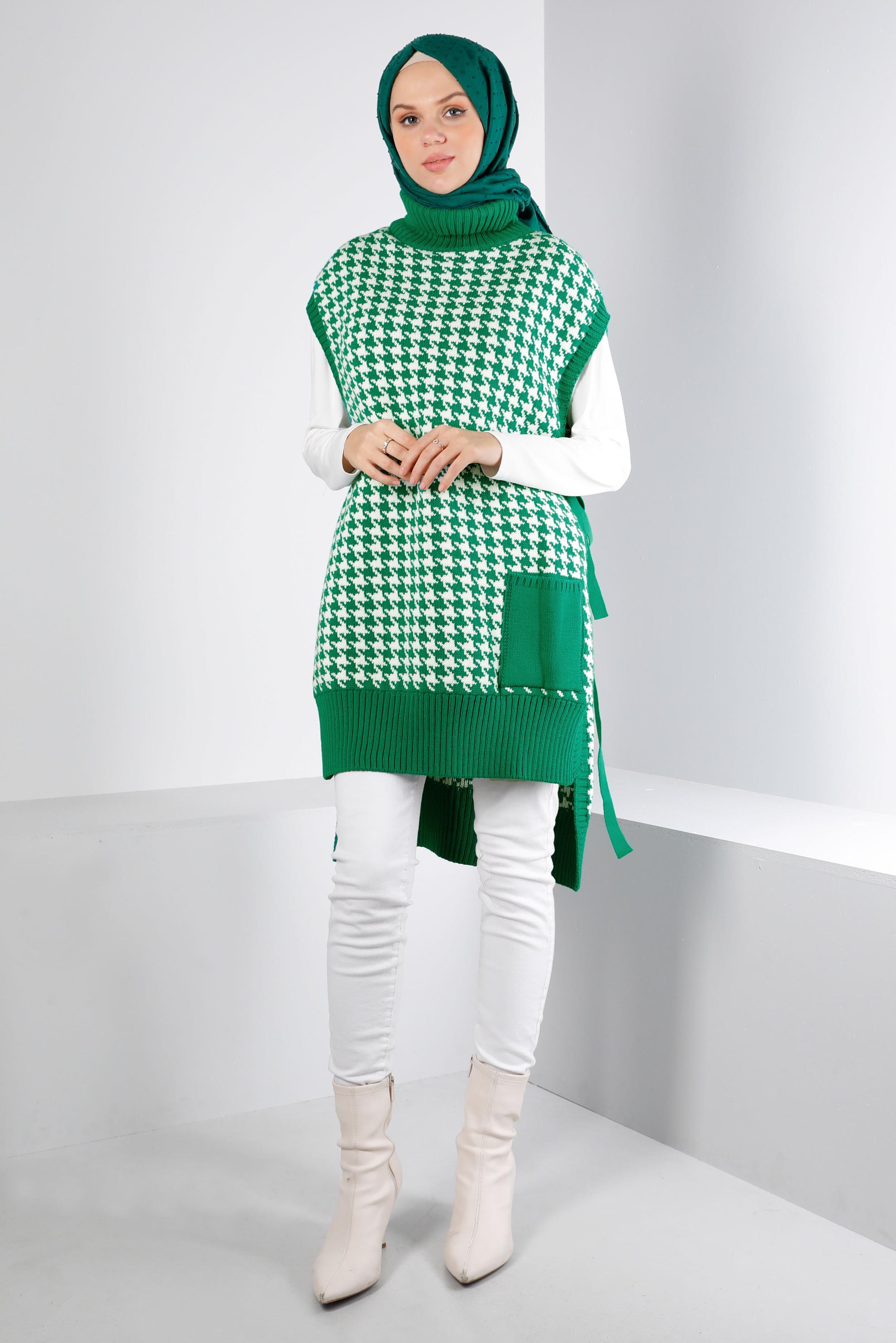Tesettür giyim YEŞİL YANDAN BAĞLAMALI KAZAYAĞI DESENLİ TRİKO SÜVETER 43141 