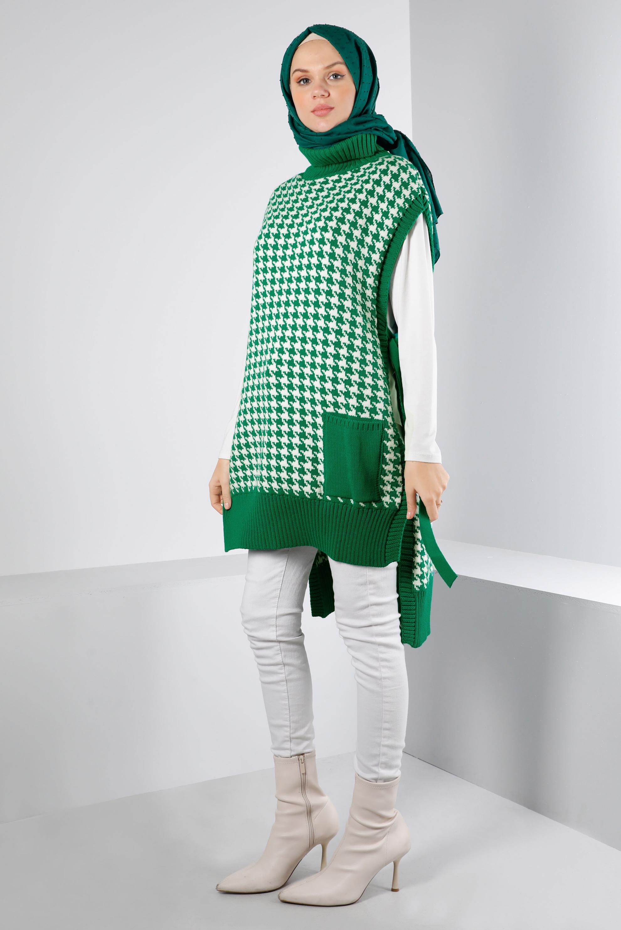 Tesettür giyim YEŞİL YANDAN BAĞLAMALI KAZAYAĞI DESENLİ TRİKO SÜVETER 43141 