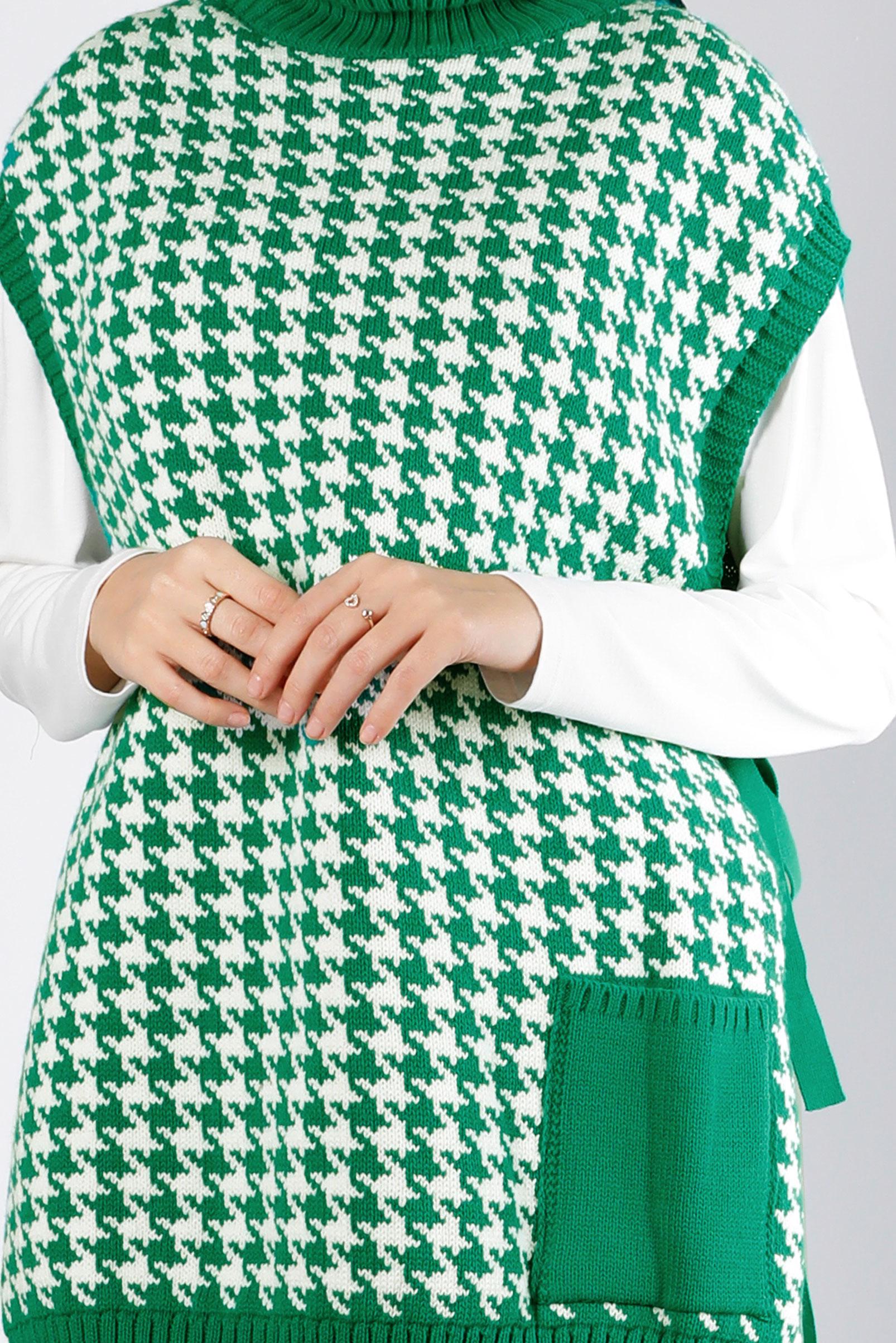 Tesettür giyim YEŞİL YANDAN BAĞLAMALI KAZAYAĞI DESENLİ TRİKO SÜVETER 43141 