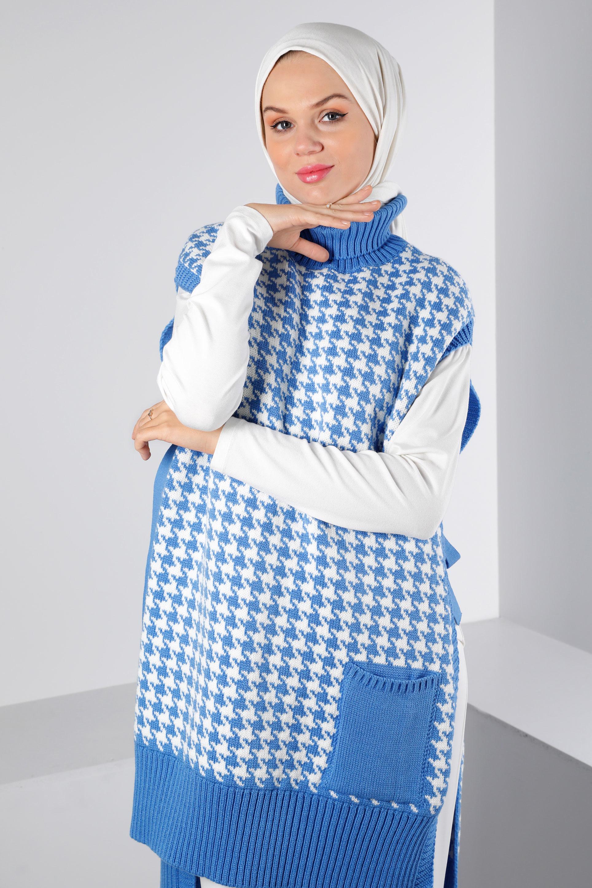 Tesettür giyim MAVİ YANDAN BAĞLAMALI KAZAYAĞI DESENLİ TRİKO SÜVETER 43141 