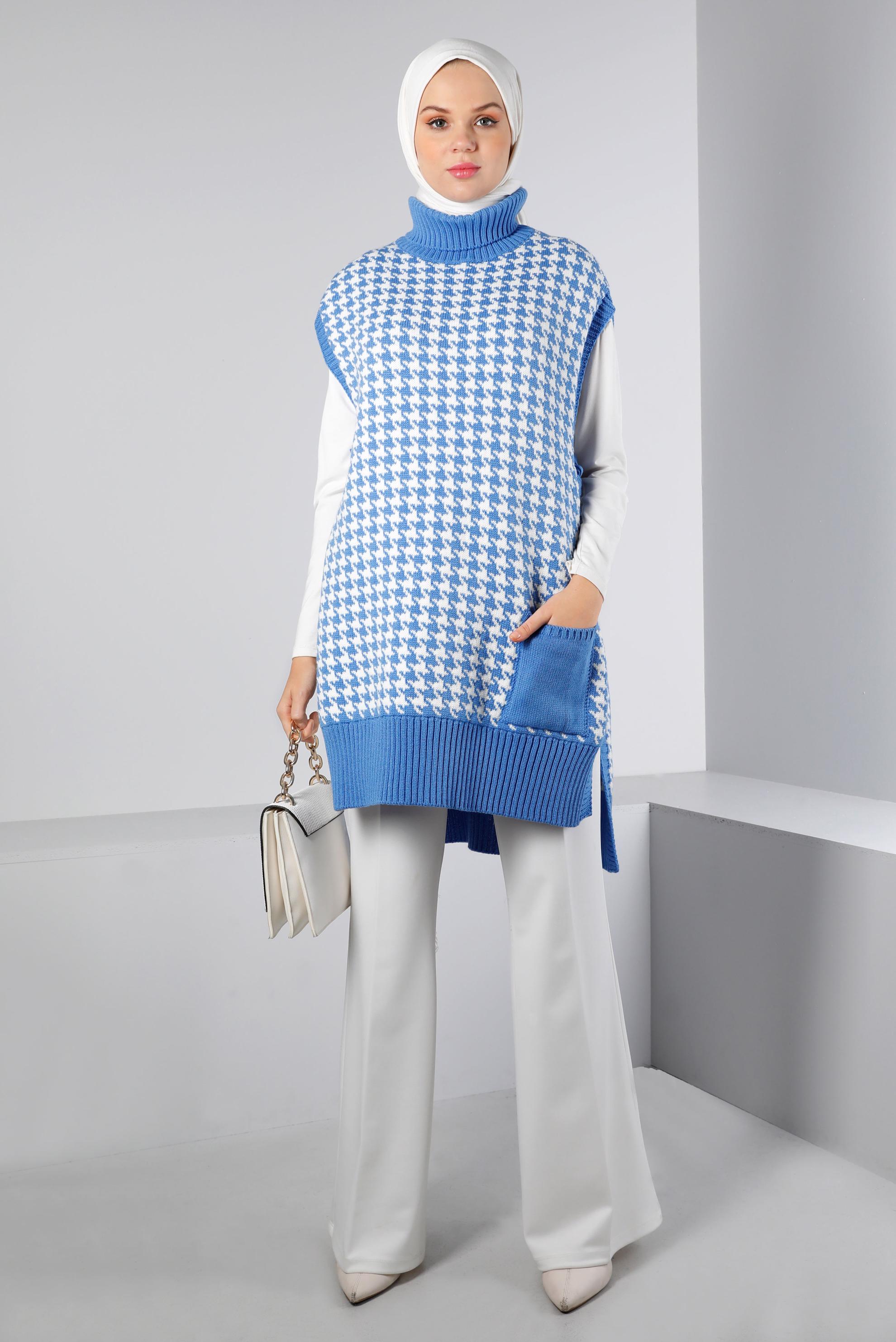 Tesettür giyim MAVİ YANDAN BAĞLAMALI KAZAYAĞI DESENLİ TRİKO SÜVETER 43141 