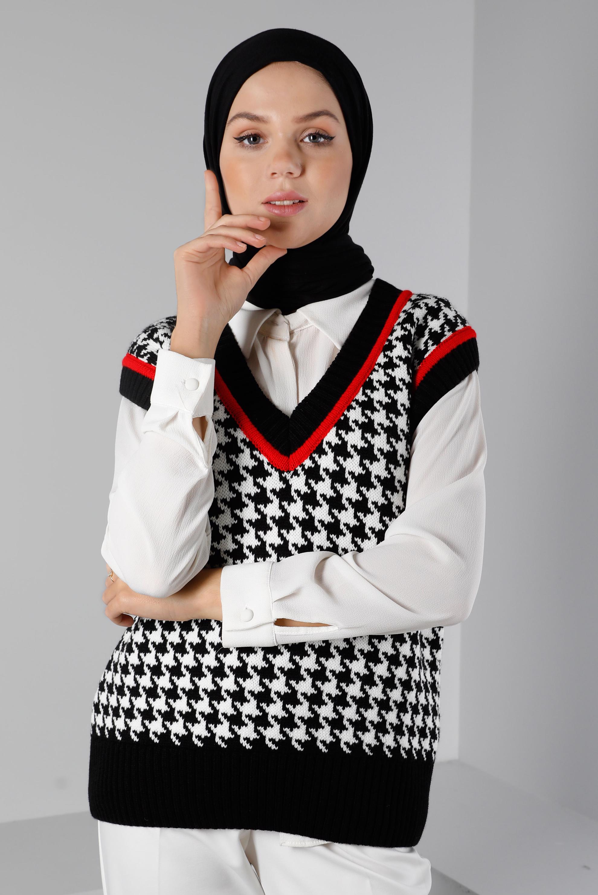 Tesettür giyim SİYAH KAZAYAĞI DESENLİ TRİKO SÜVETER 43144