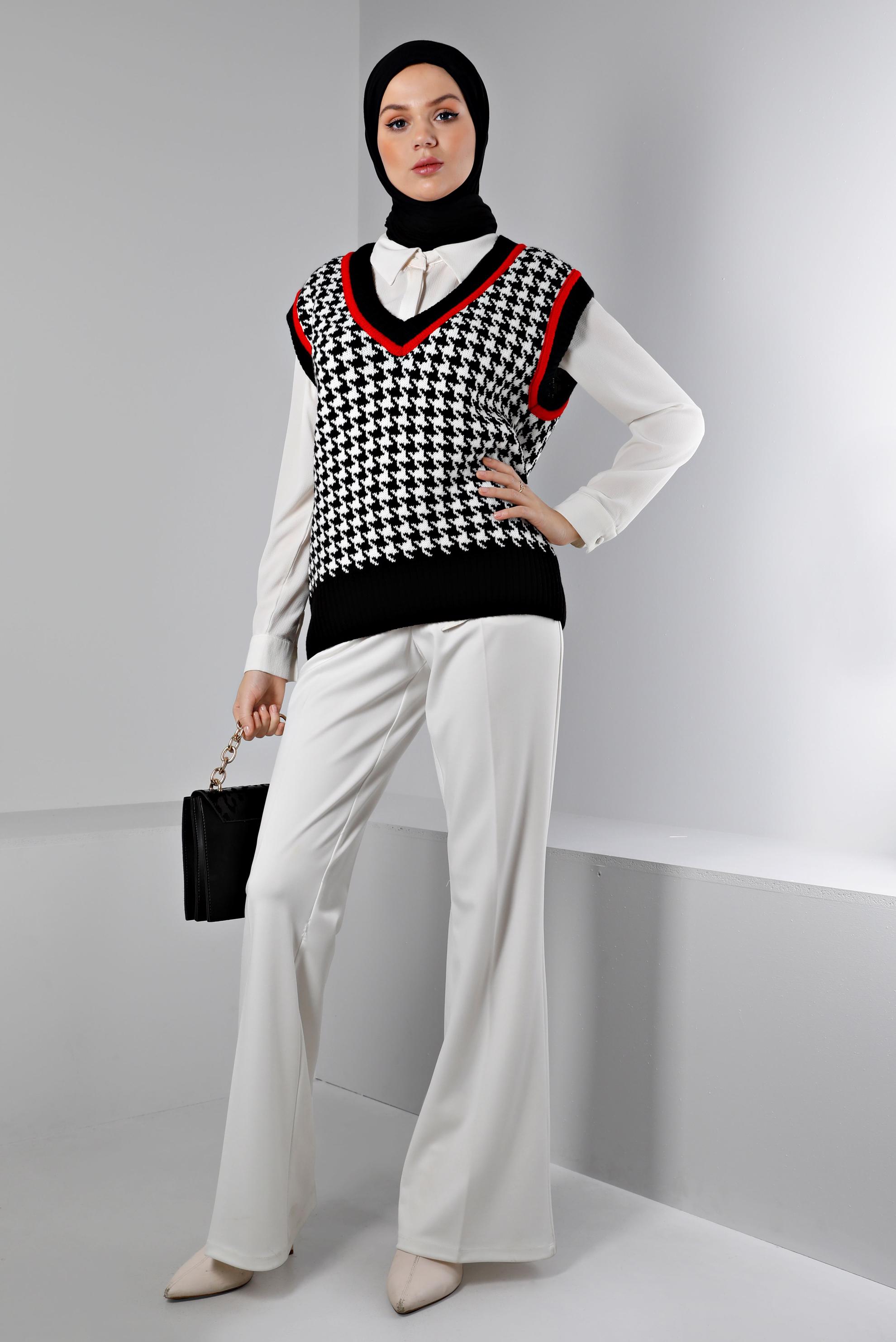 Tesettür giyim SİYAH KAZAYAĞI DESENLİ TRİKO SÜVETER 43144