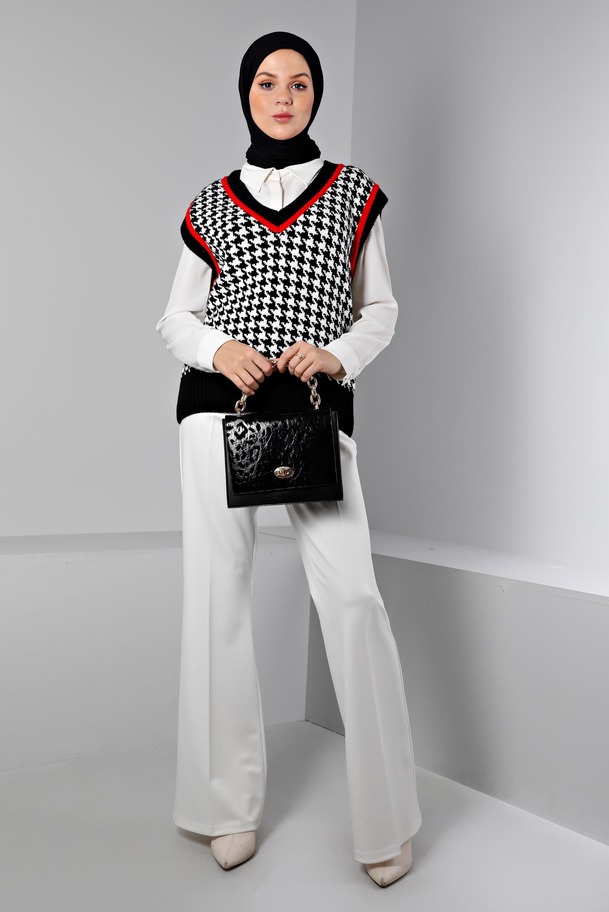 Tesettür giyim SİYAH KAZAYAĞI DESENLİ TRİKO SÜVETER 43144