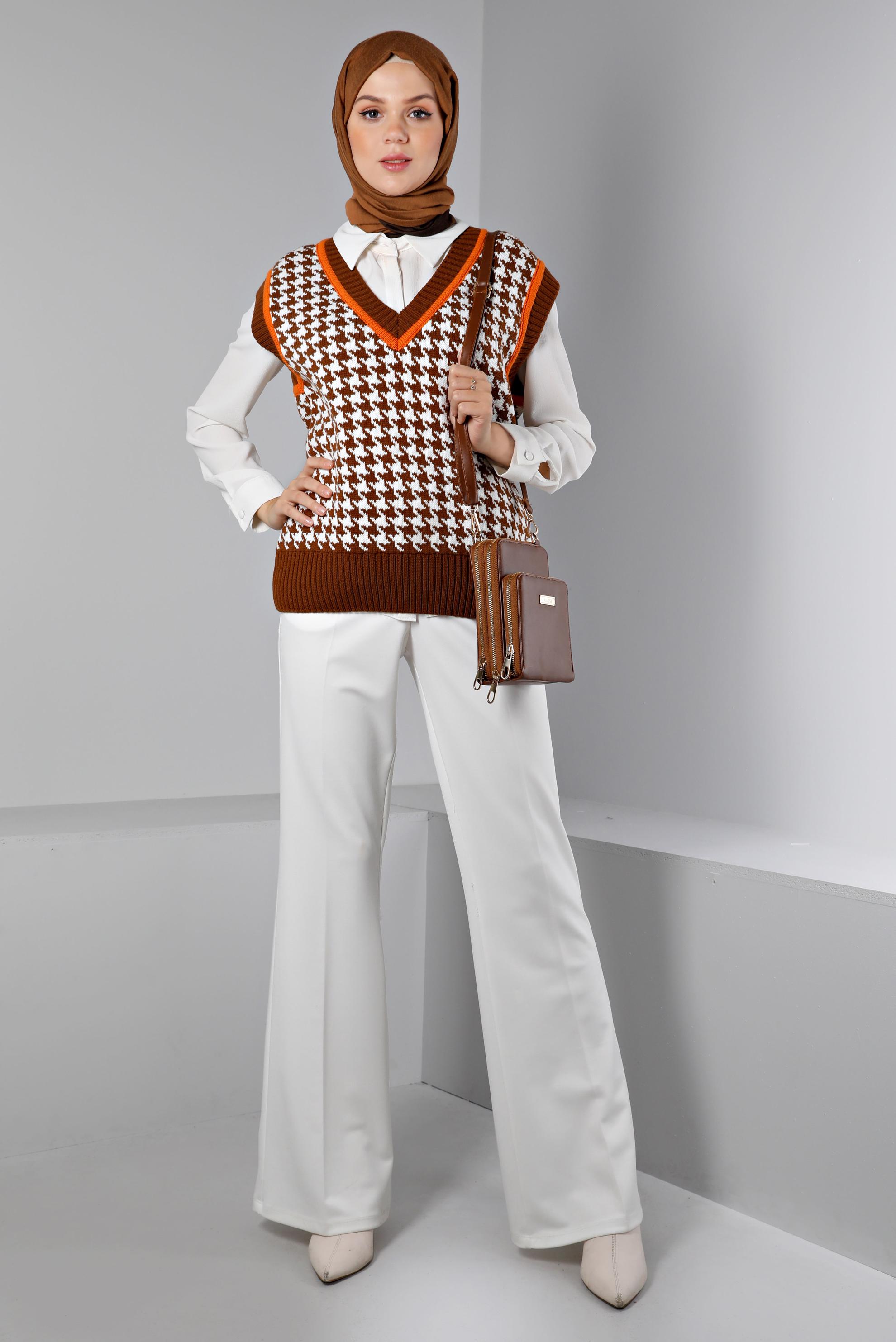 Tesettür giyim TABA KAZAYAĞI DESENLİ TRİKO SÜVETER 43144