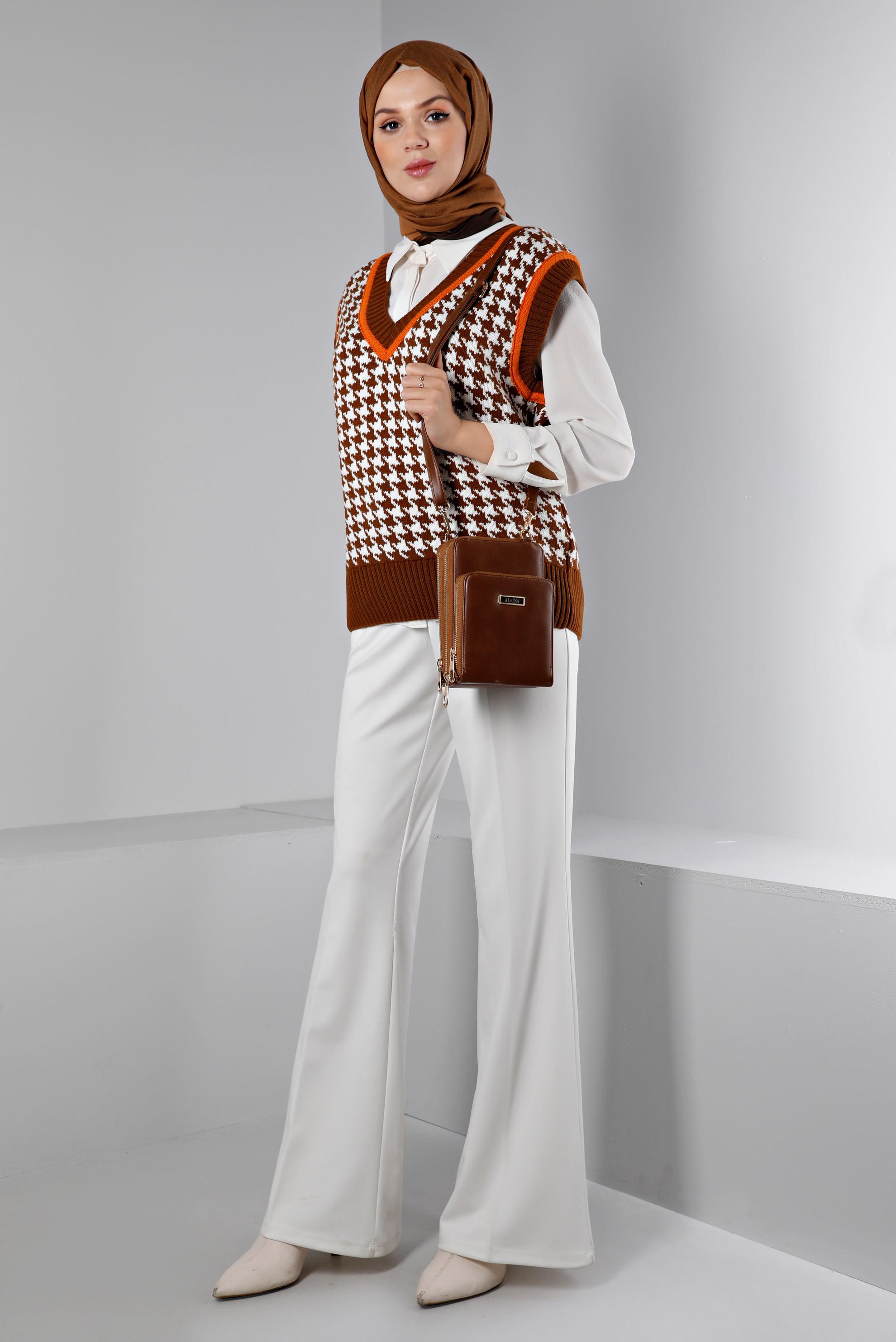 Tesettür giyim TABA KAZAYAĞI DESENLİ TRİKO SÜVETER 43144