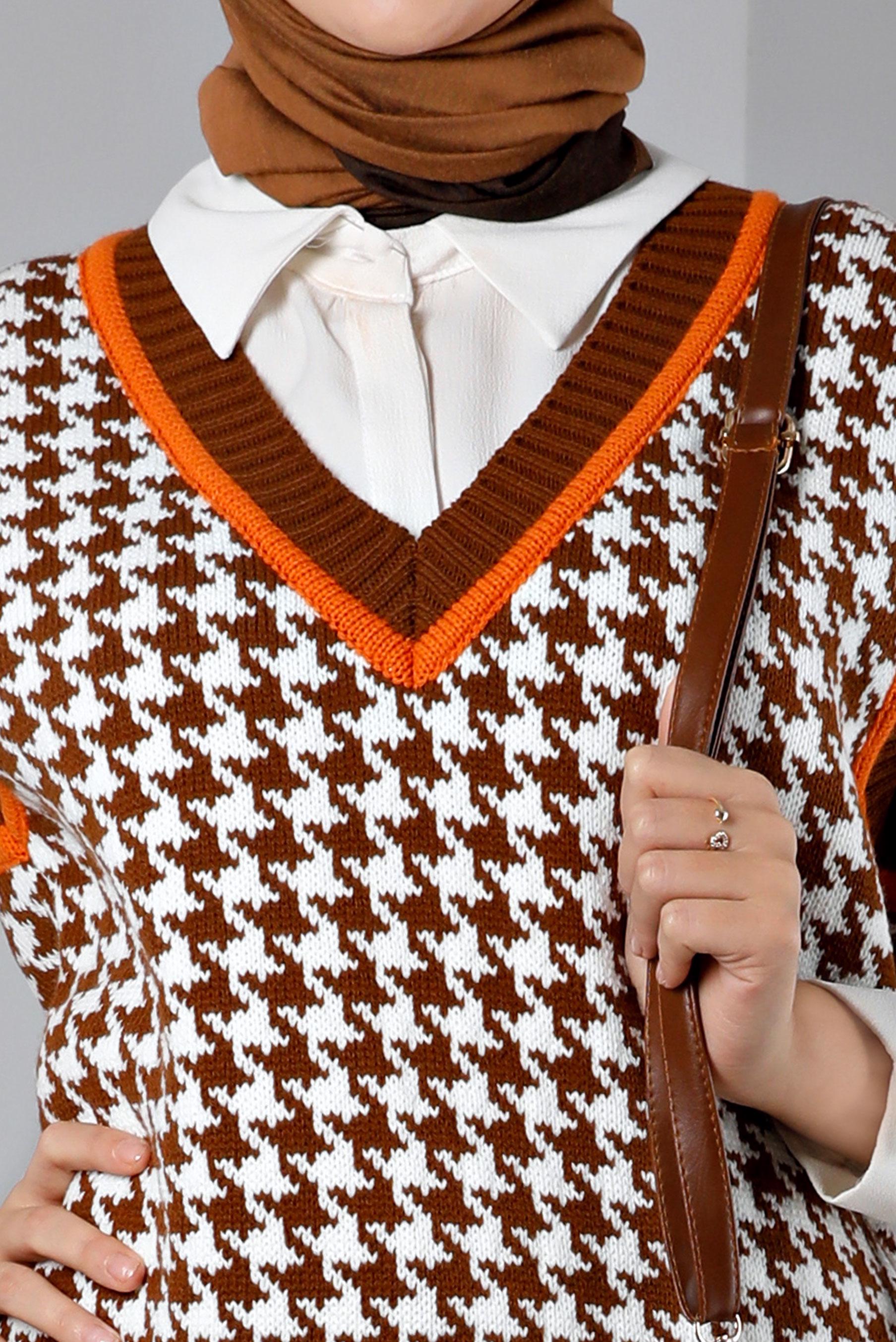 Tesettür giyim TABA KAZAYAĞI DESENLİ TRİKO SÜVETER 43144