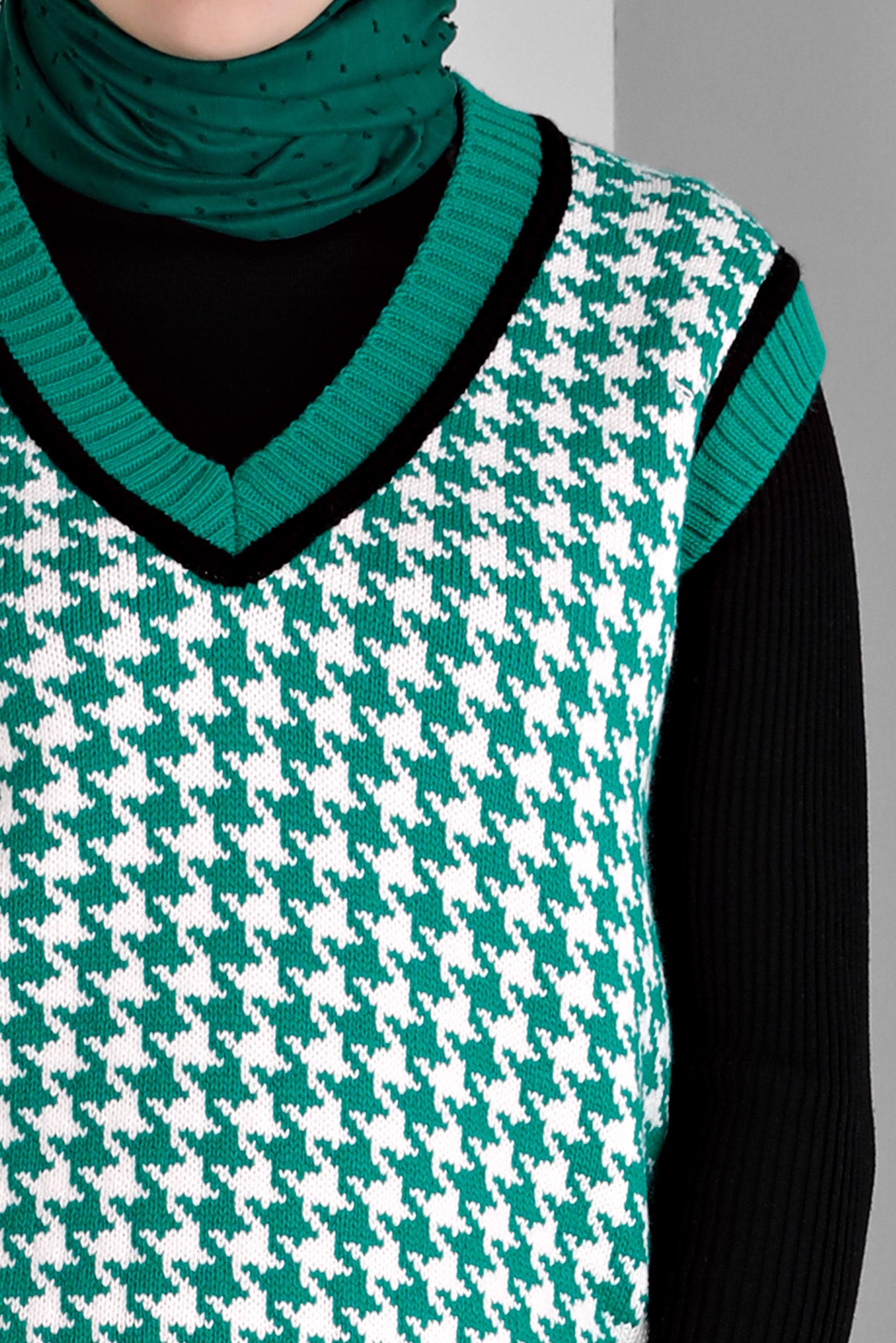 Tesettür giyim YEŞİL KAZAYAĞI DESENLİ TRİKO SÜVETER 43144