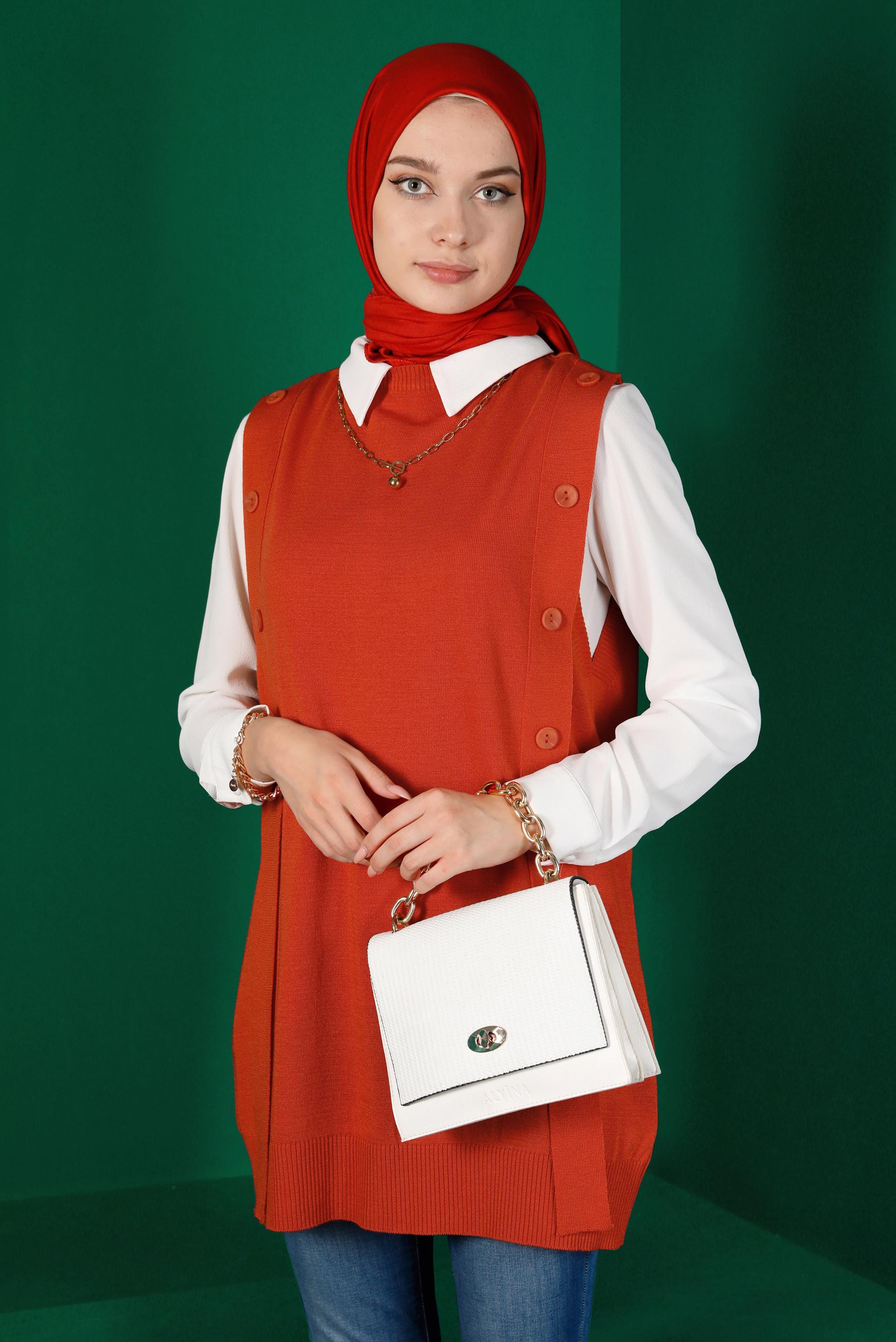 Tesettür giyim TURUNCU DÜĞME DETAYLI TRİKO SÜVETER 43210 