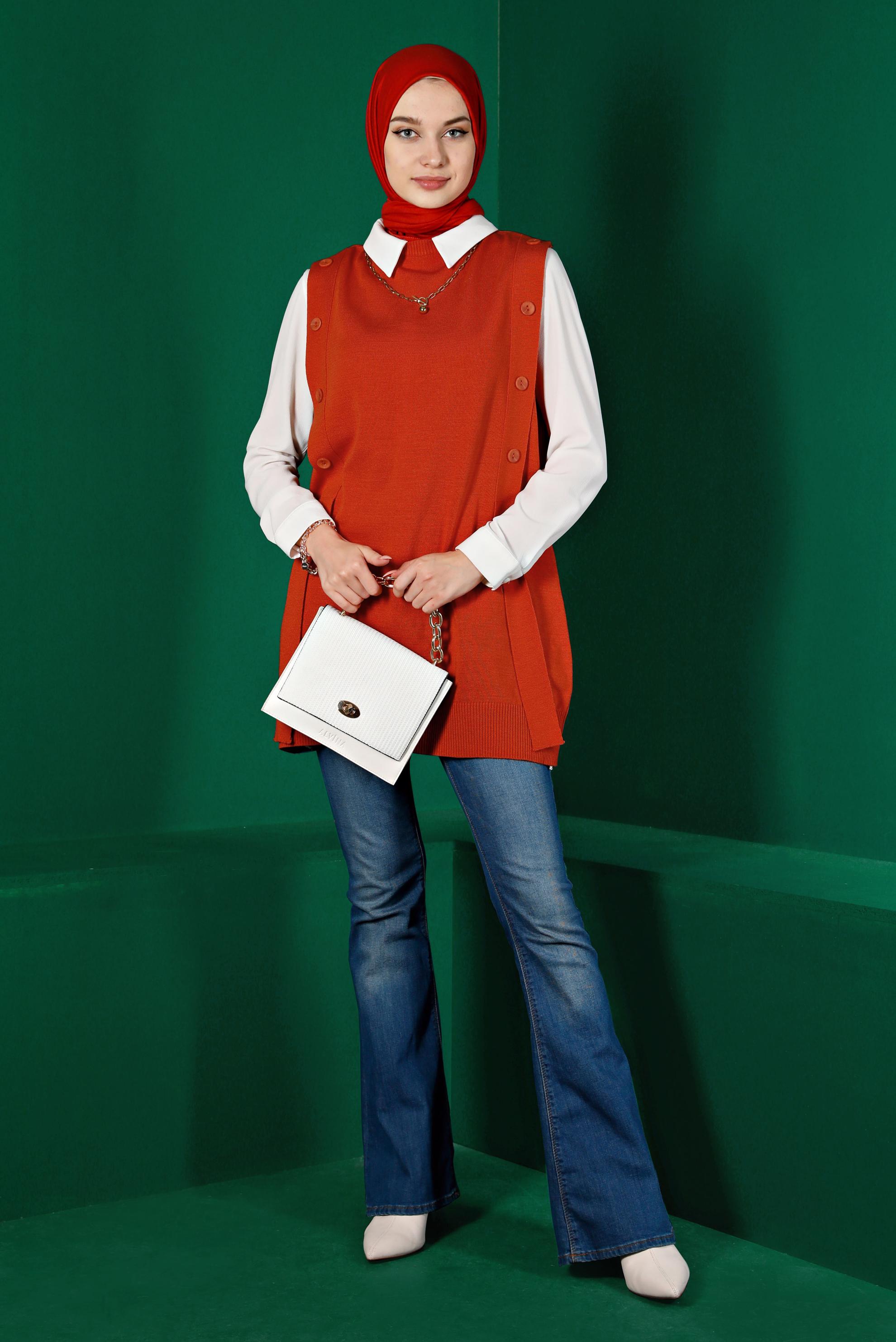 Tesettür giyim TURUNCU DÜĞME DETAYLI TRİKO SÜVETER 43210 