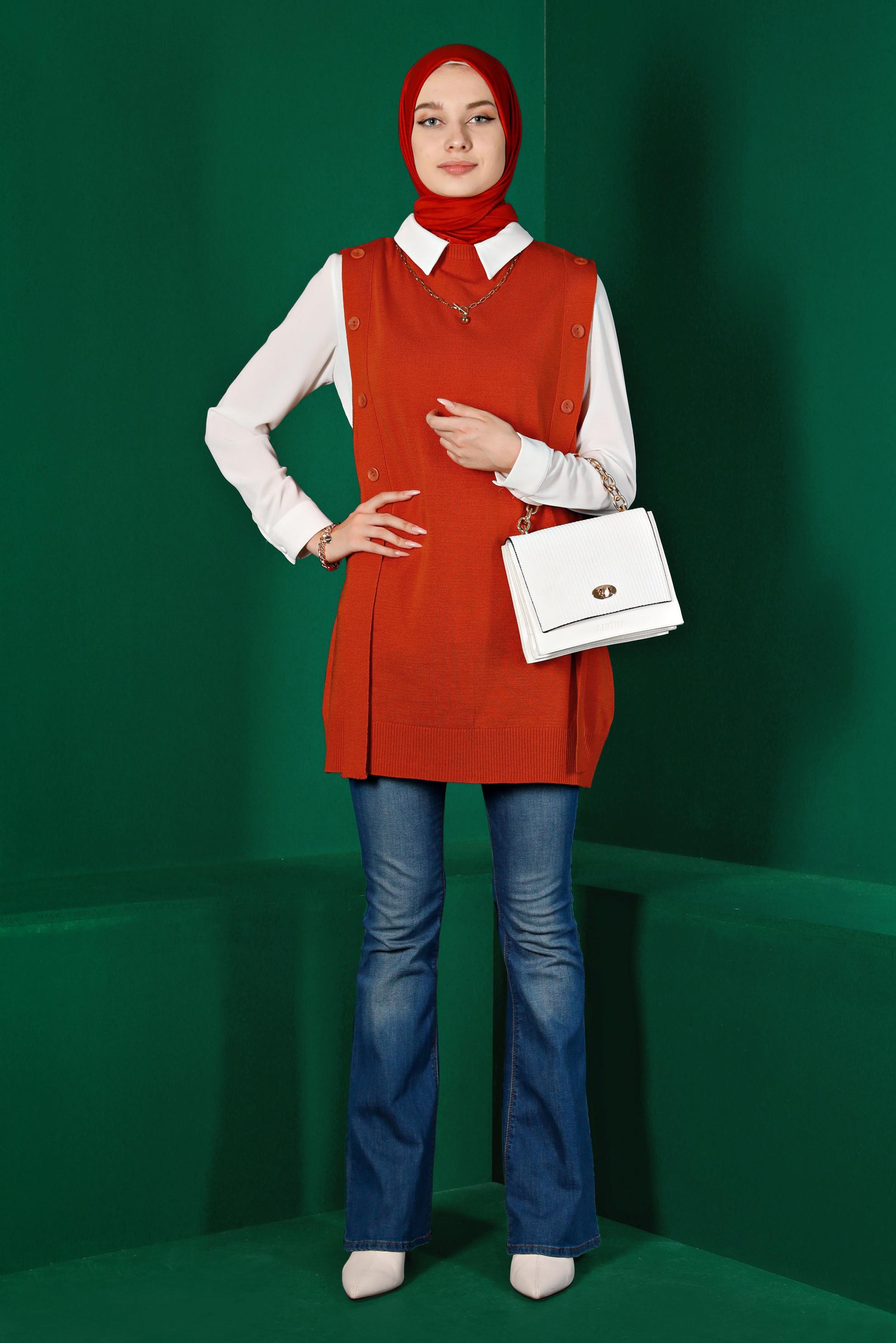 Tesettür giyim TURUNCU DÜĞME DETAYLI TRİKO SÜVETER 43210 