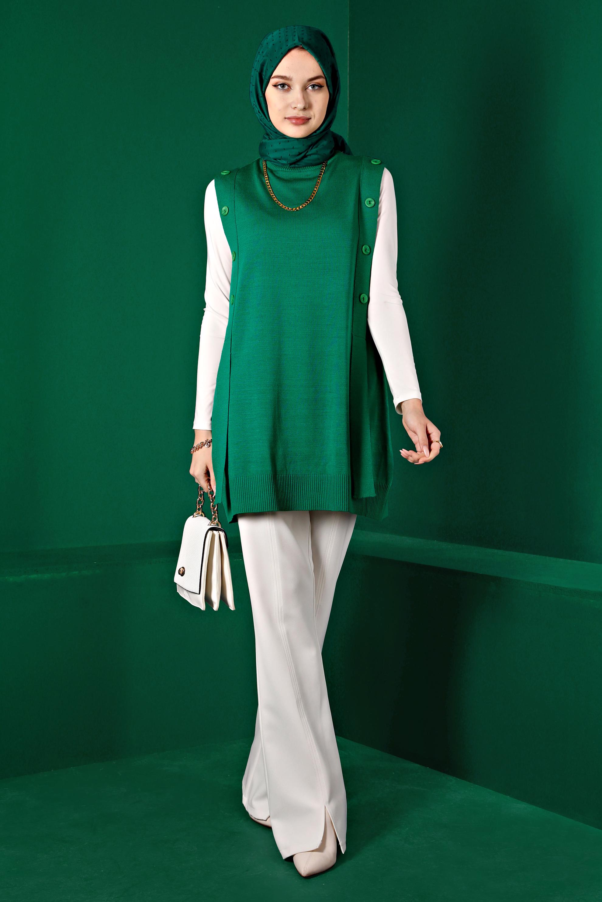 Tesettür giyim YEŞİL DÜĞME DETAYLI TRİKO SÜVETER 43210 
