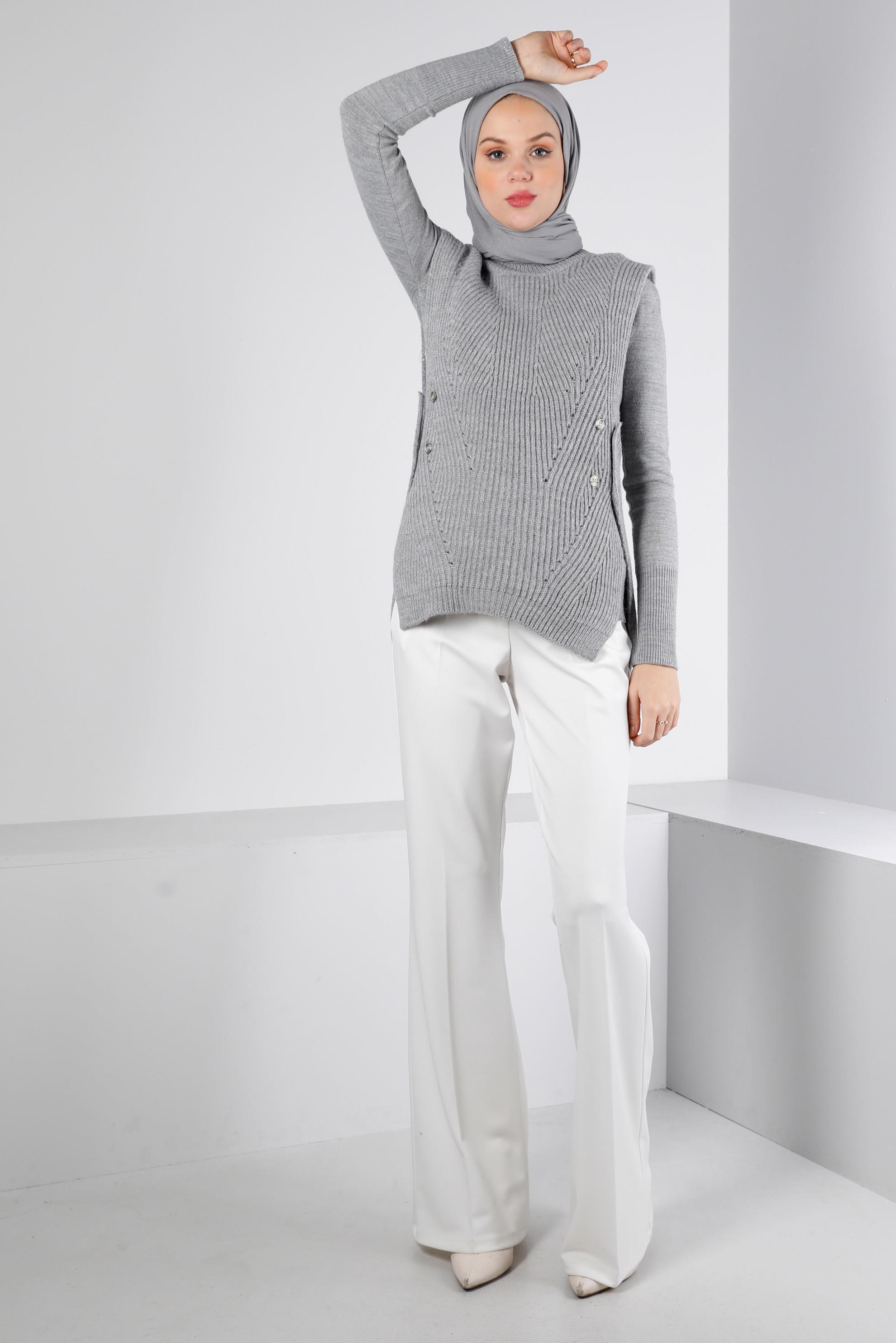 Tesettür giyim GRİ YANLARI DÜĞMELİ TRİKO SÜVETER 43245
