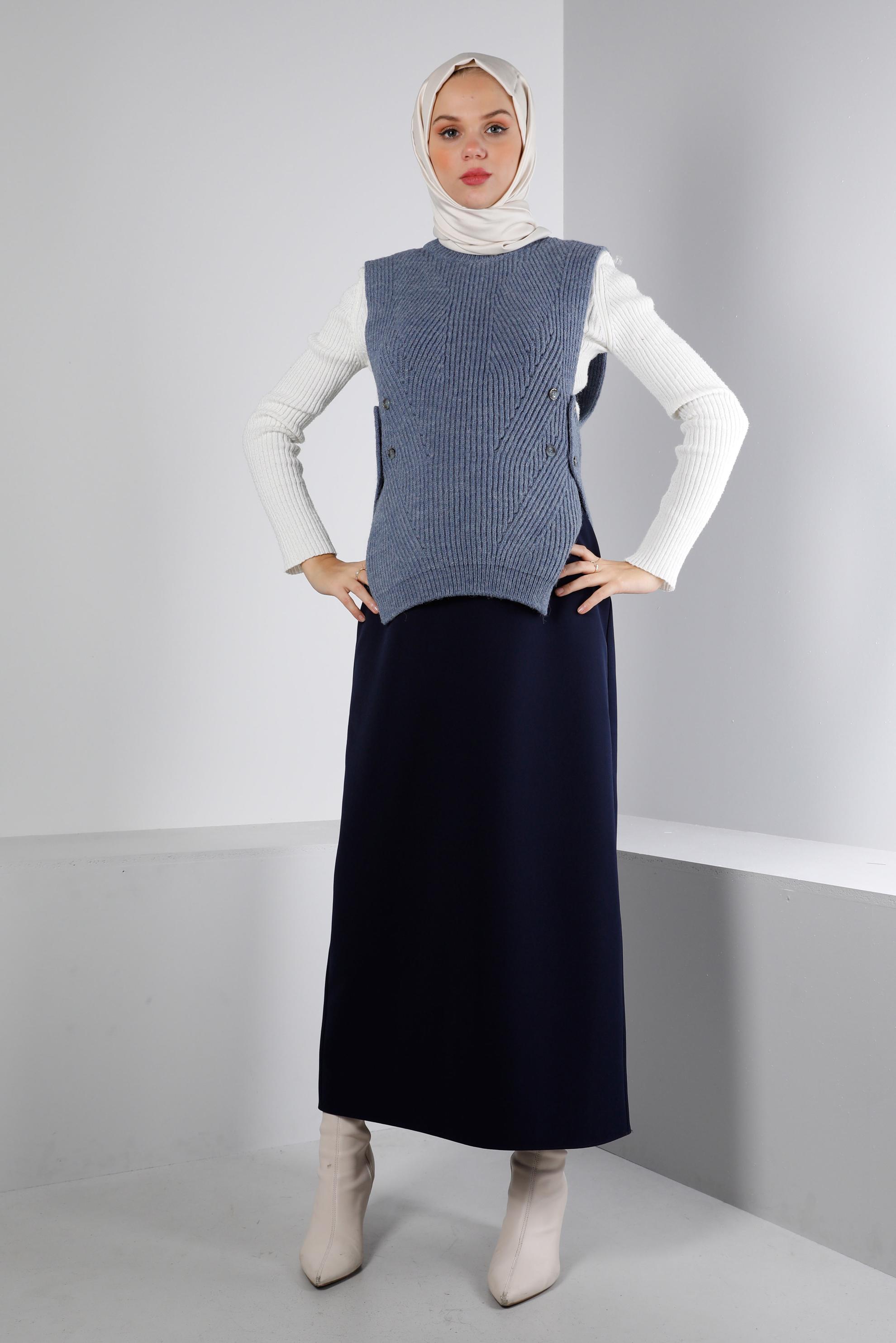 Tesettür giyim LACİVERT YANLARI DÜĞMELİ TRİKO SÜVETER 43245