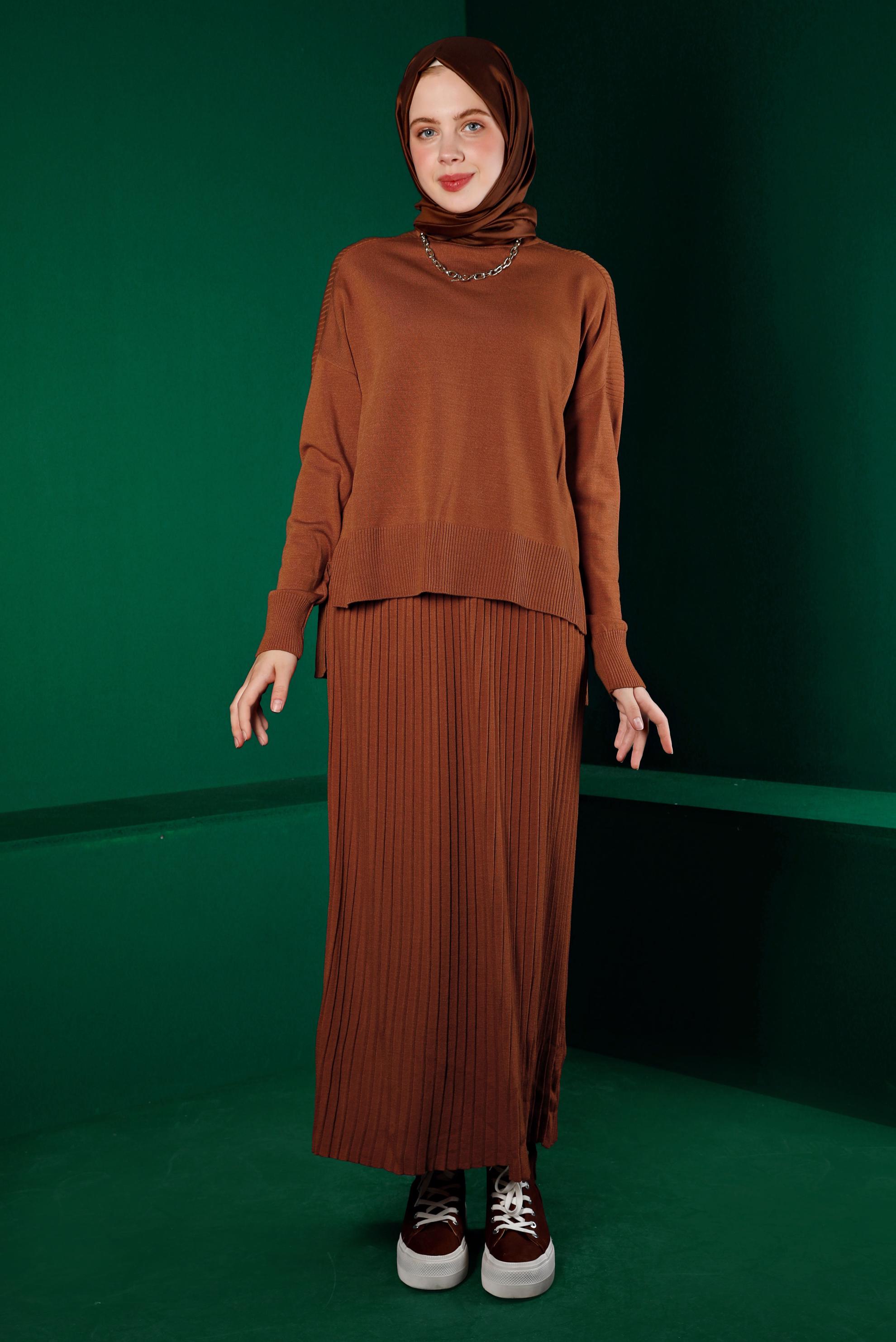 Tesettür giyim TURUNCU PİLELİ TRİKO İKİLİ ETEKLİ TAKIM 43132 