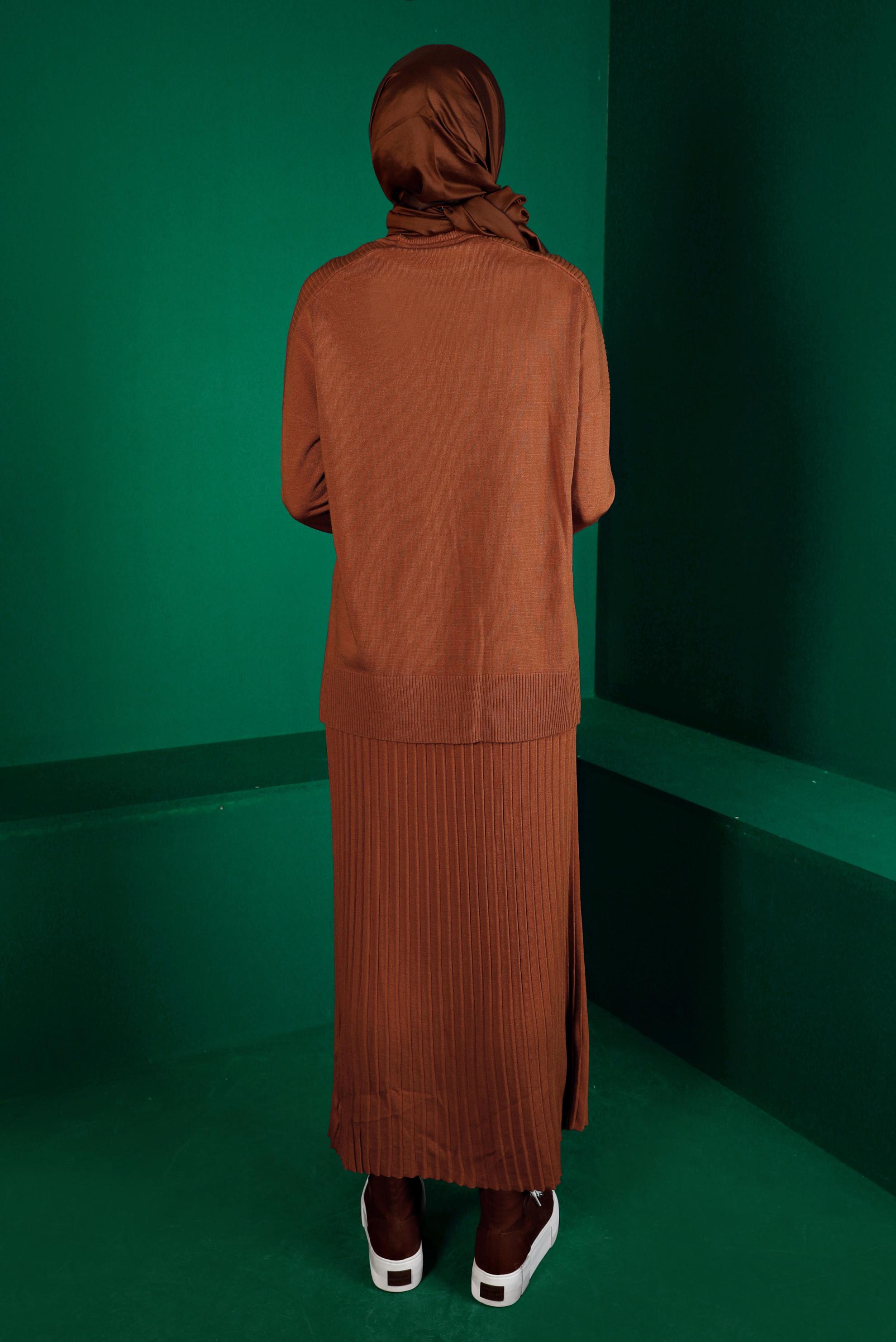 Tesettür giyim TURUNCU PİLELİ TRİKO İKİLİ ETEKLİ TAKIM 43132 