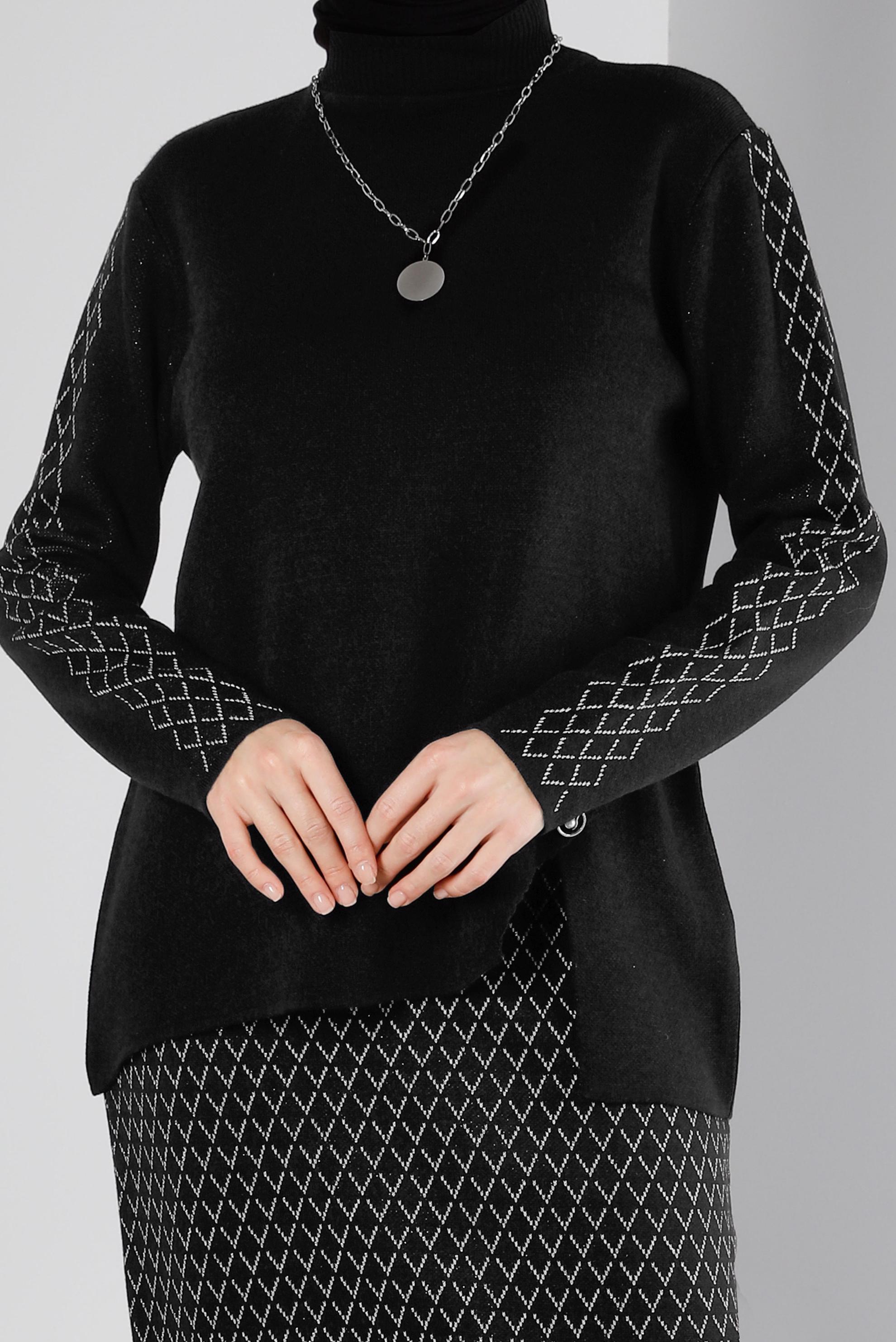 Tesettür giyim SİYAH DESENLİ TRİKO ETEKLİ TAKIM 43219