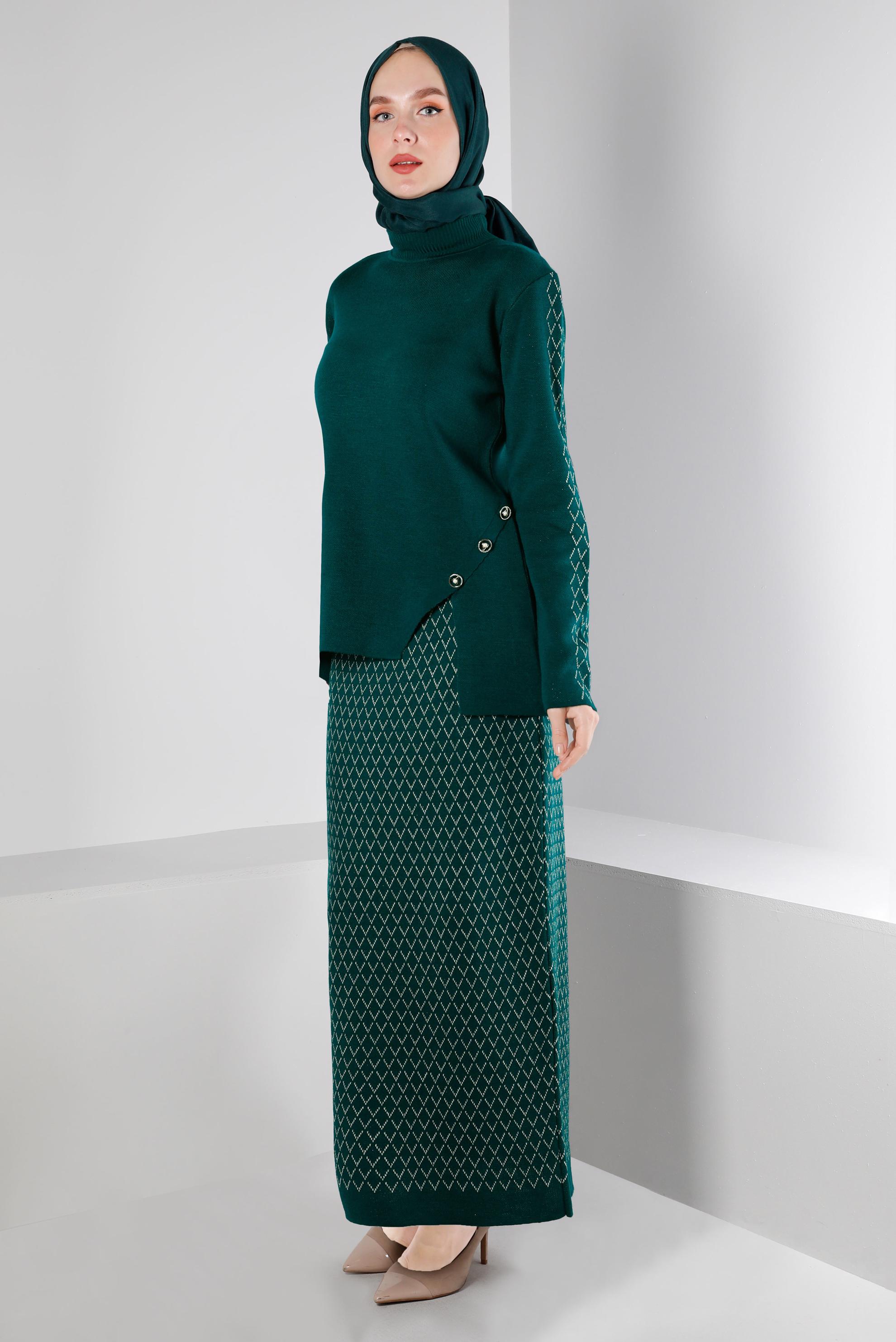 Vêtements hijab VERT COSTUME AVEC JUPE EN MAILLE À MOTIFS 43219