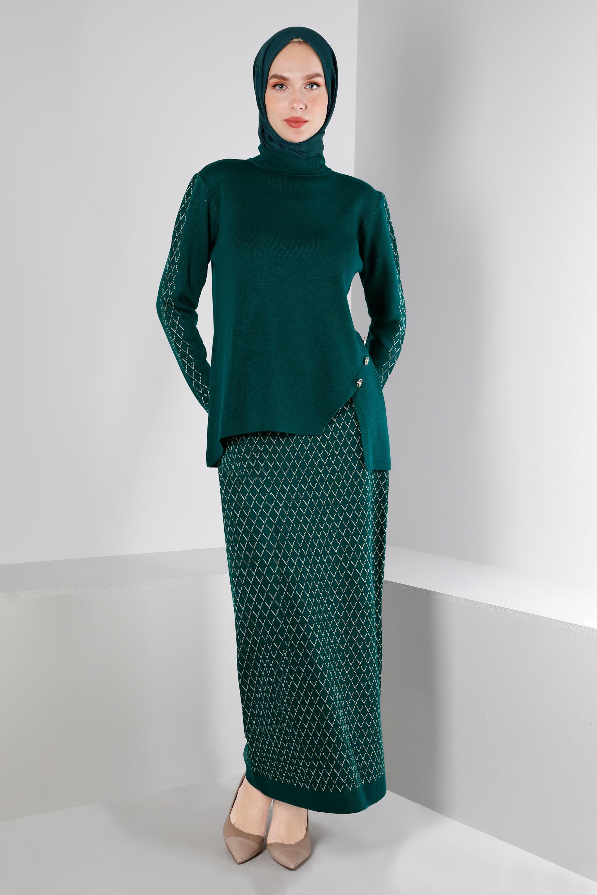 Vêtements hijab VERT COSTUME AVEC JUPE EN MAILLE À MOTIFS 43219