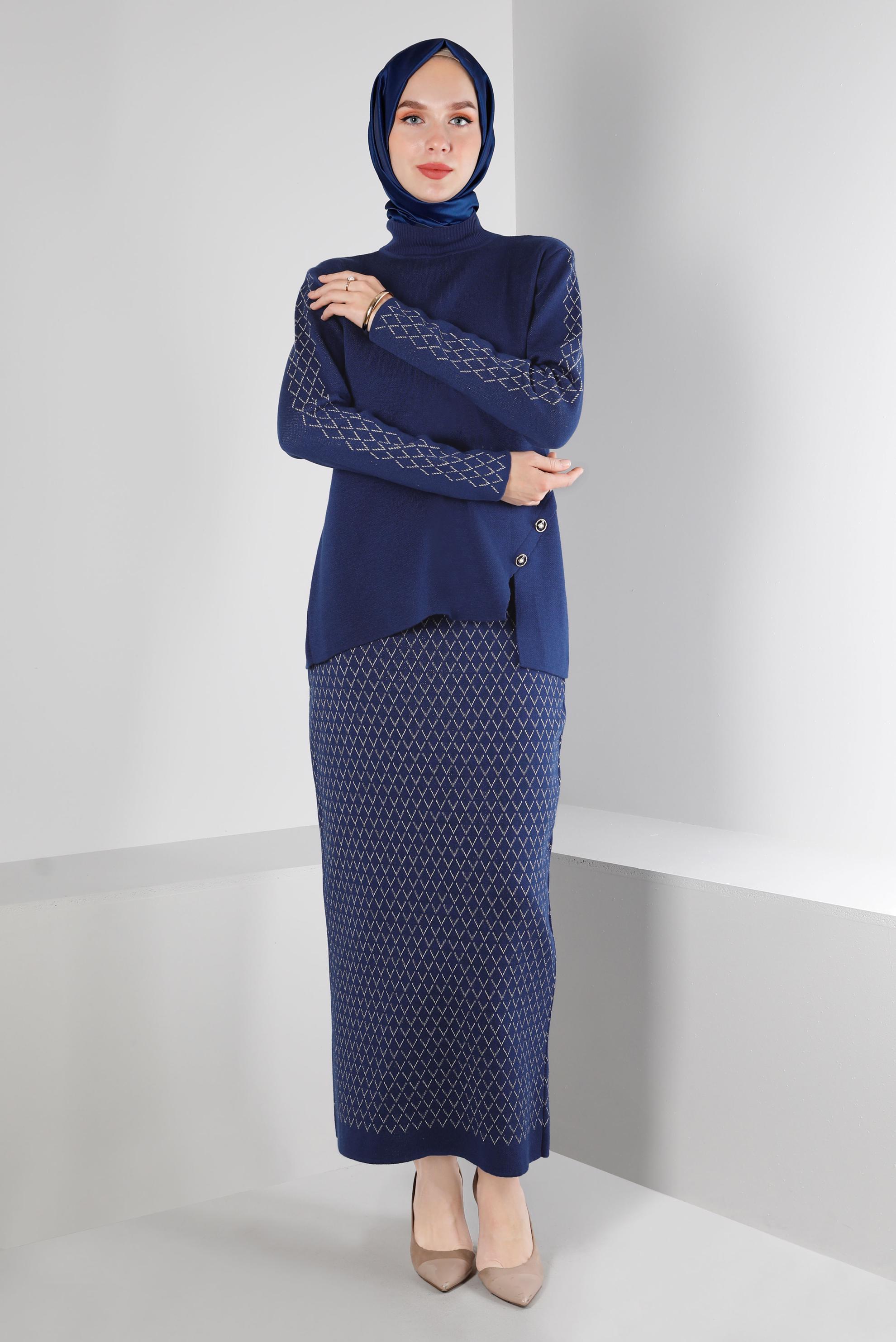 Tesettür giyim MAVİ DESENLİ TRİKO ETEKLİ TAKIM 43219