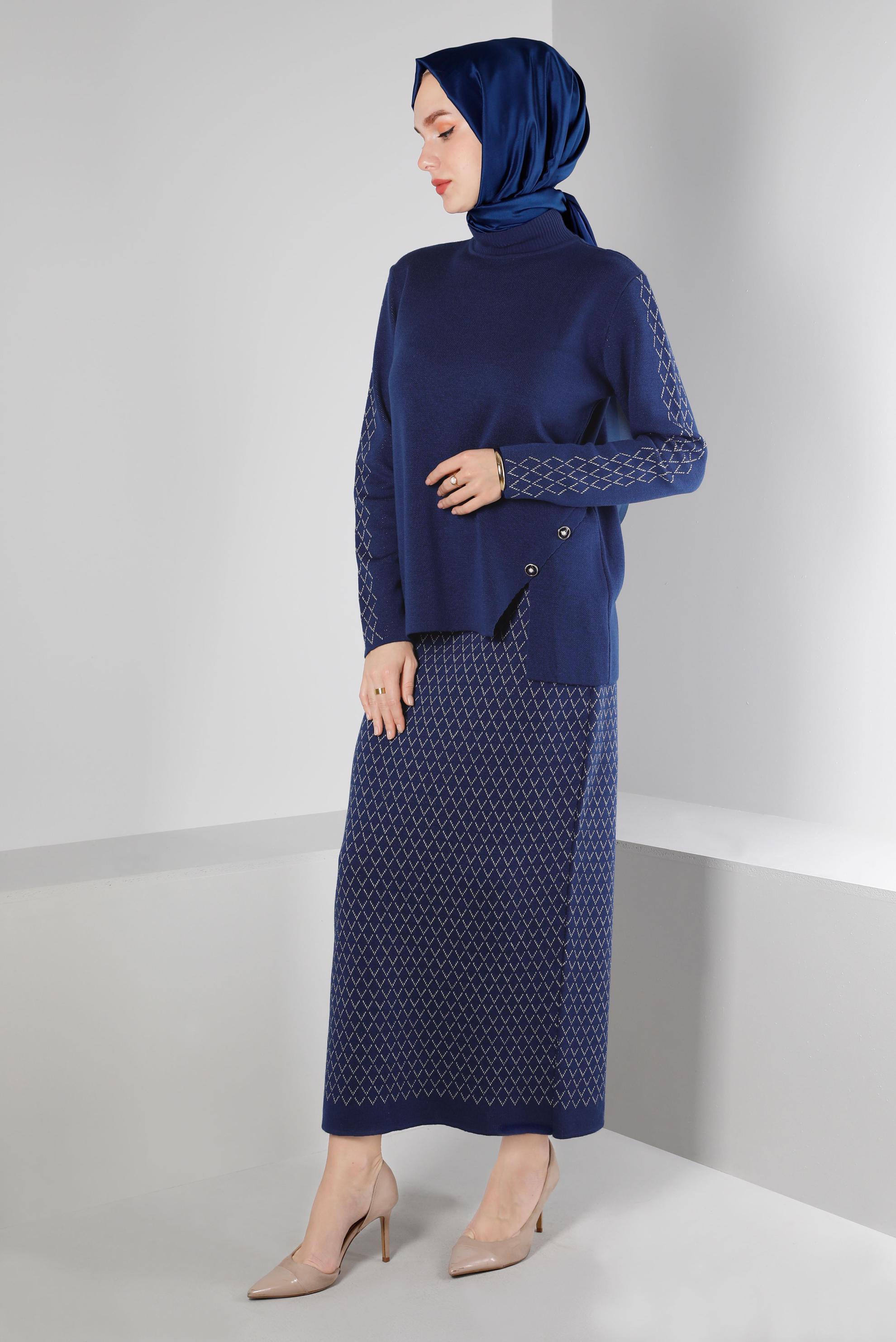Tesettür giyim MAVİ DESENLİ TRİKO ETEKLİ TAKIM 43219