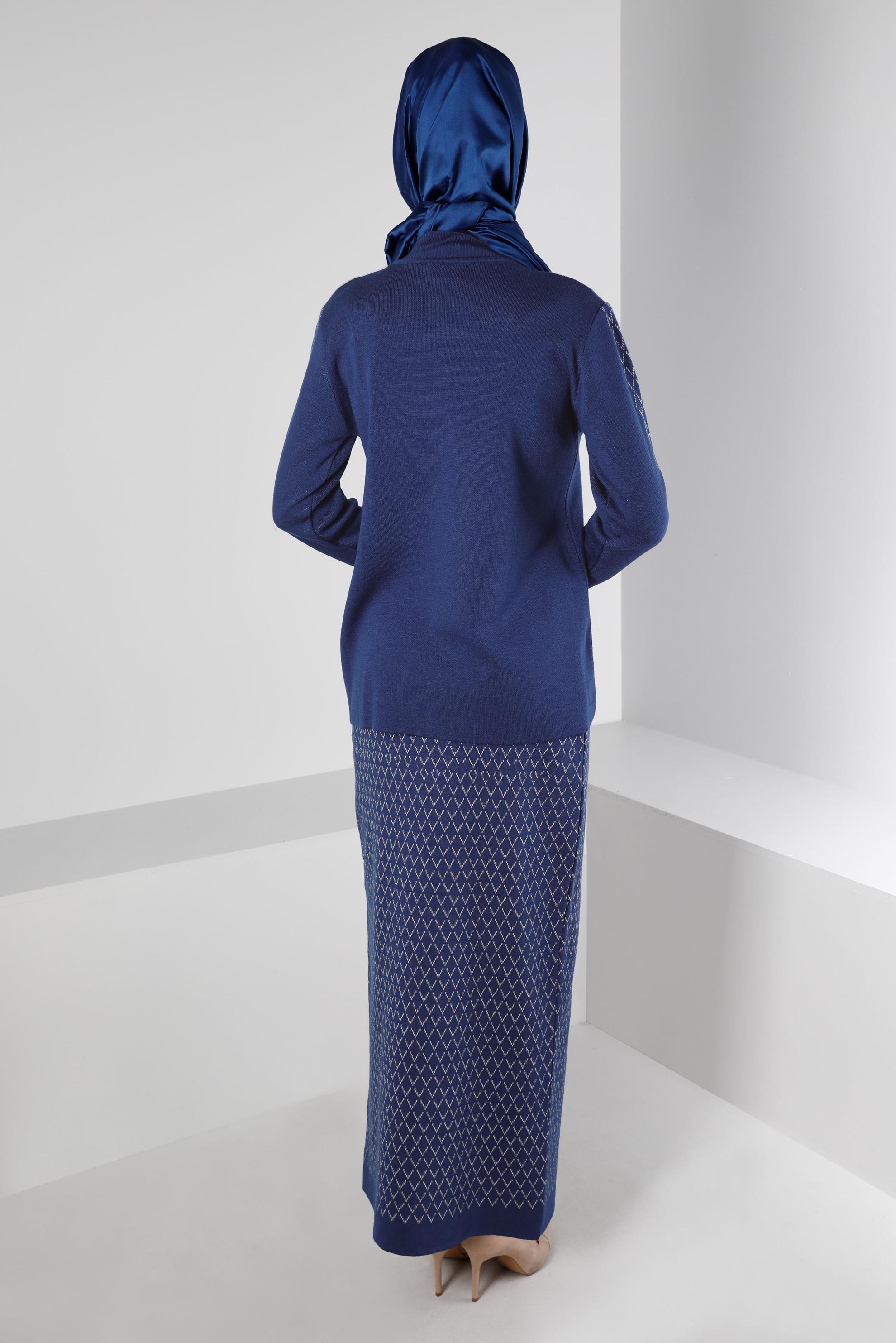 Tesettür giyim MAVİ DESENLİ TRİKO ETEKLİ TAKIM 43219