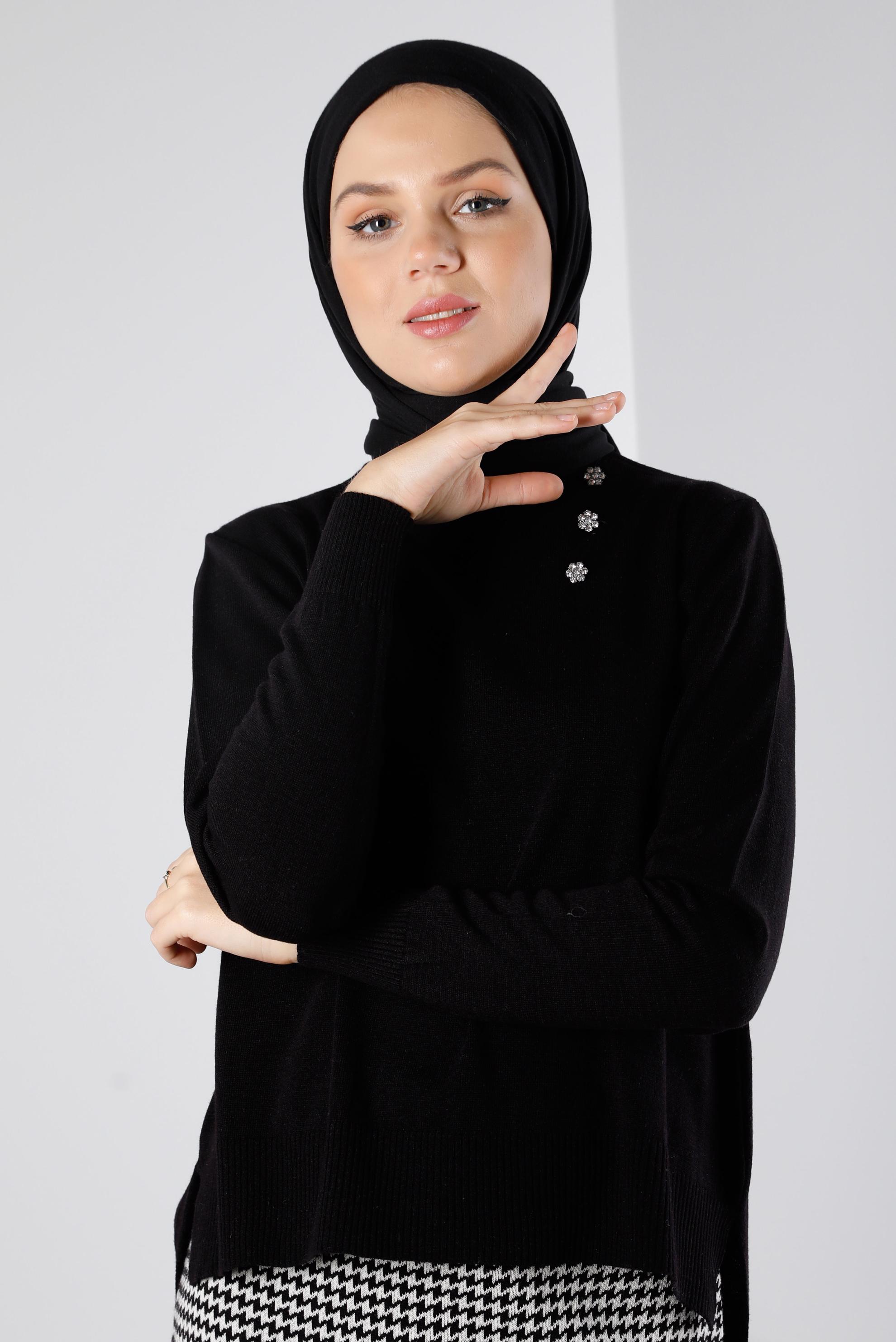 Vêtements hijab NOIR COSTUME AVEC JUPE EN MAILLE À MOTIF DE DÉTAILS GEM 43220