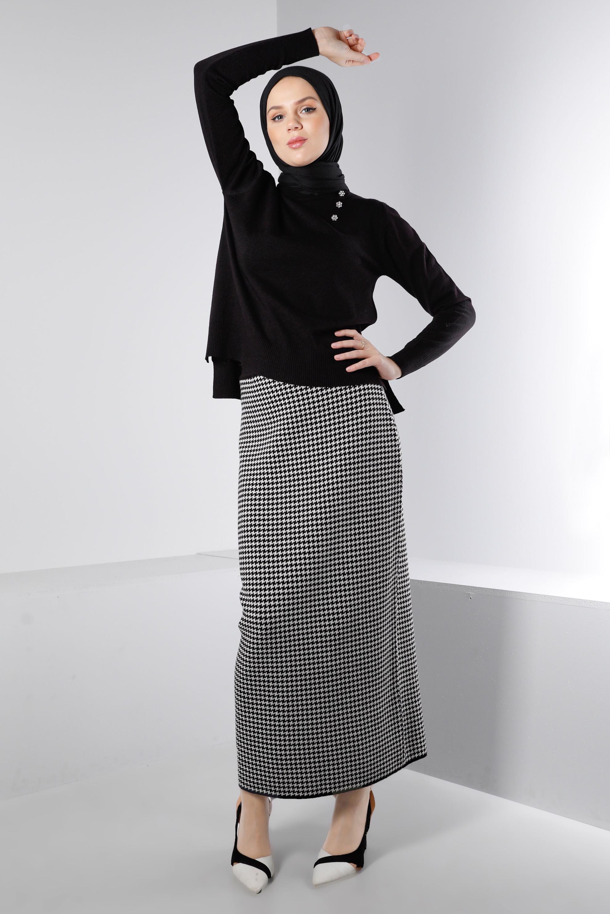 Vêtements hijab NOIR COSTUME AVEC JUPE EN MAILLE À MOTIF DE DÉTAILS GEM 43220