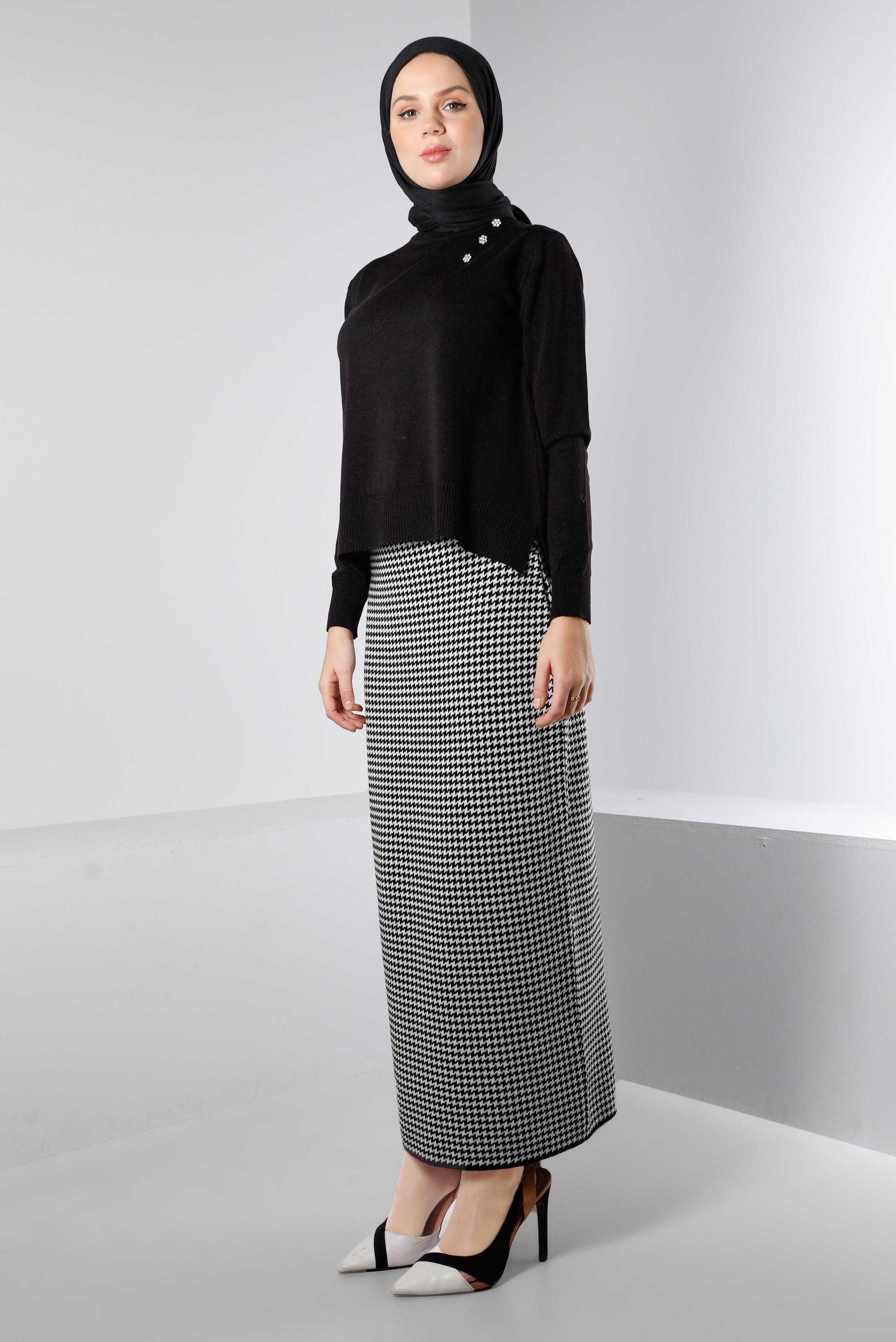 Vêtements hijab NOIR COSTUME AVEC JUPE EN MAILLE À MOTIF DE DÉTAILS GEM 43220