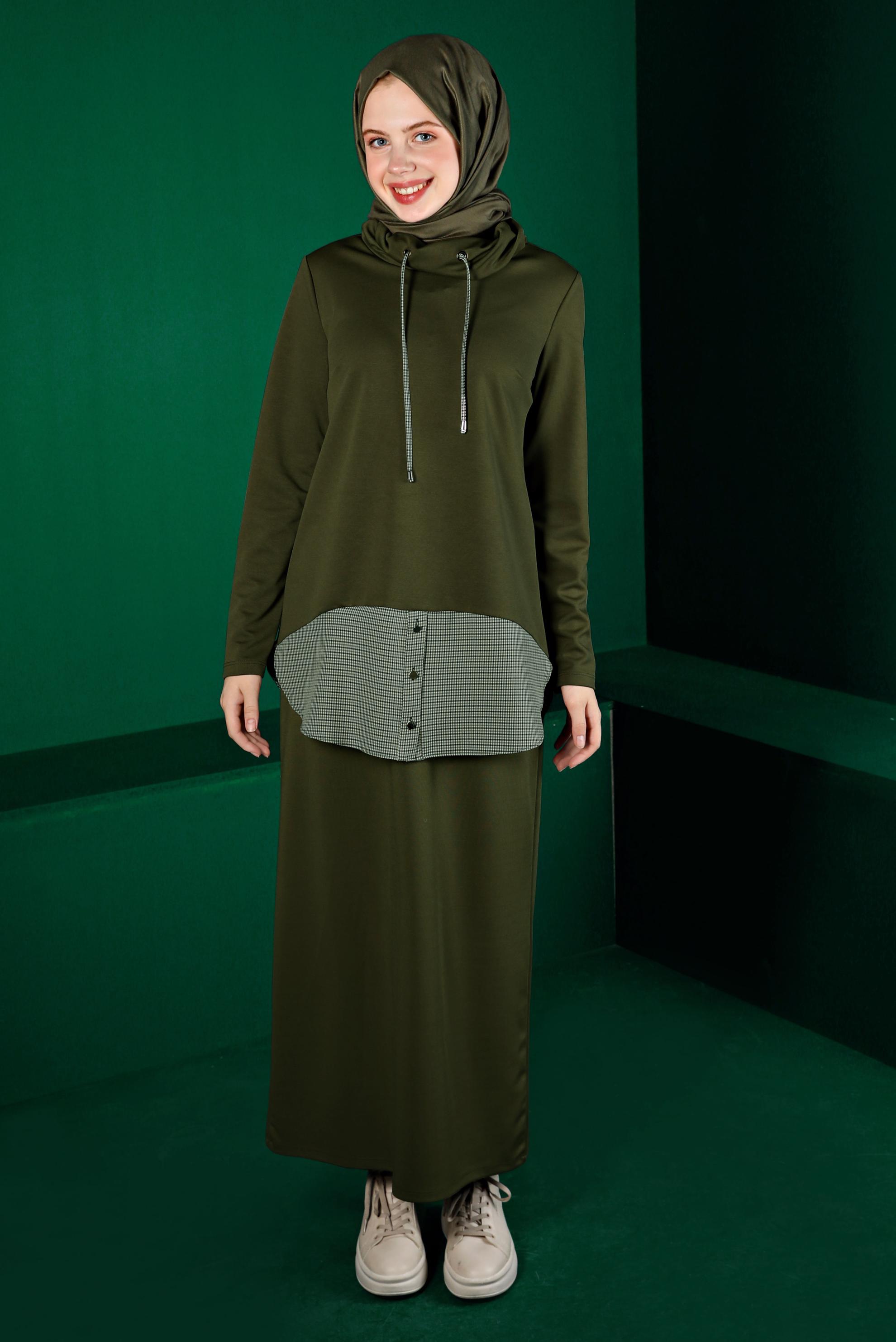 Vêtements hijab KAKI DÉTAIL CHEMISE COSTUME JUPE 2 PIÈCES 43413