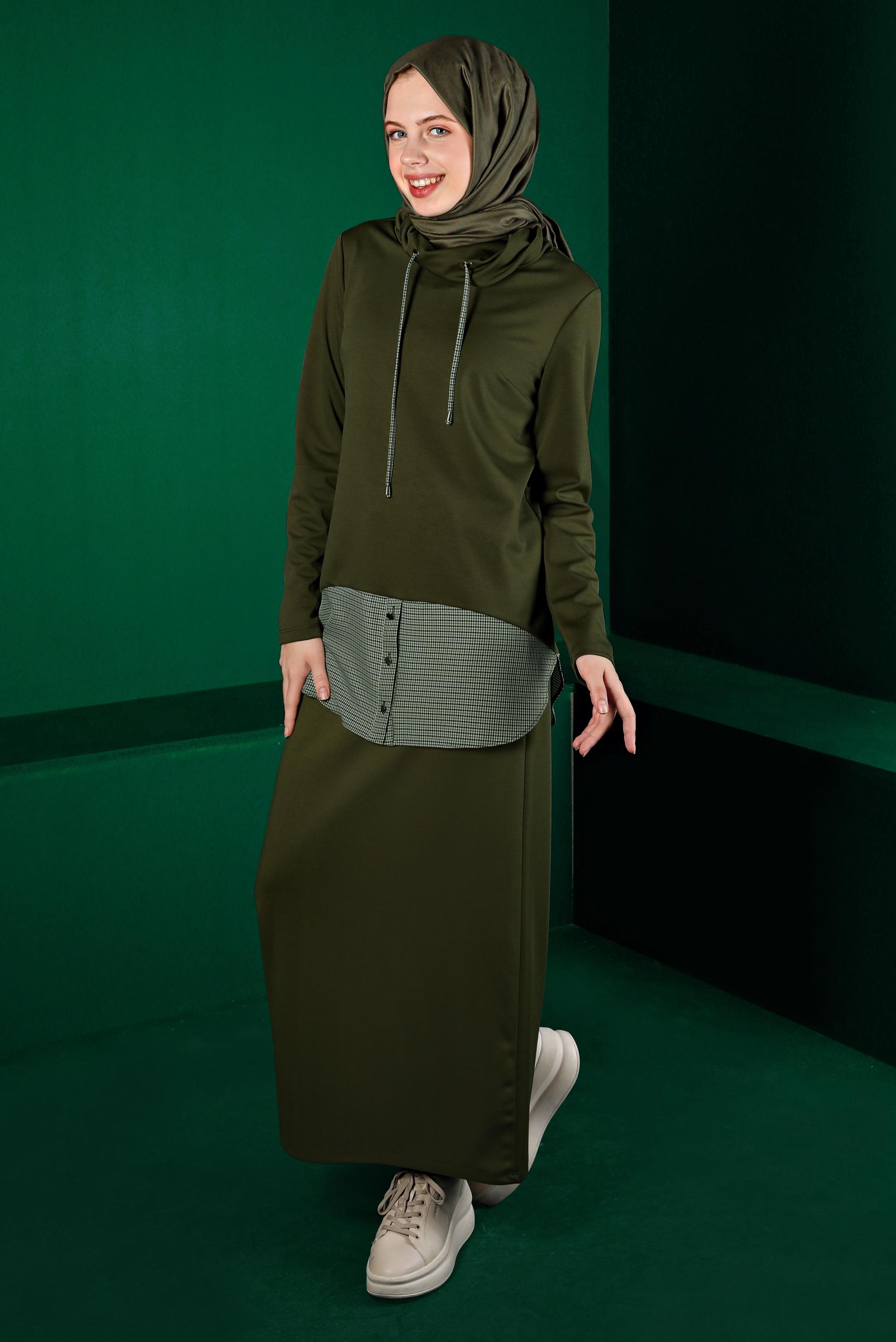 Vêtements hijab KAKI DÉTAIL CHEMISE COSTUME JUPE 2 PIÈCES 43413