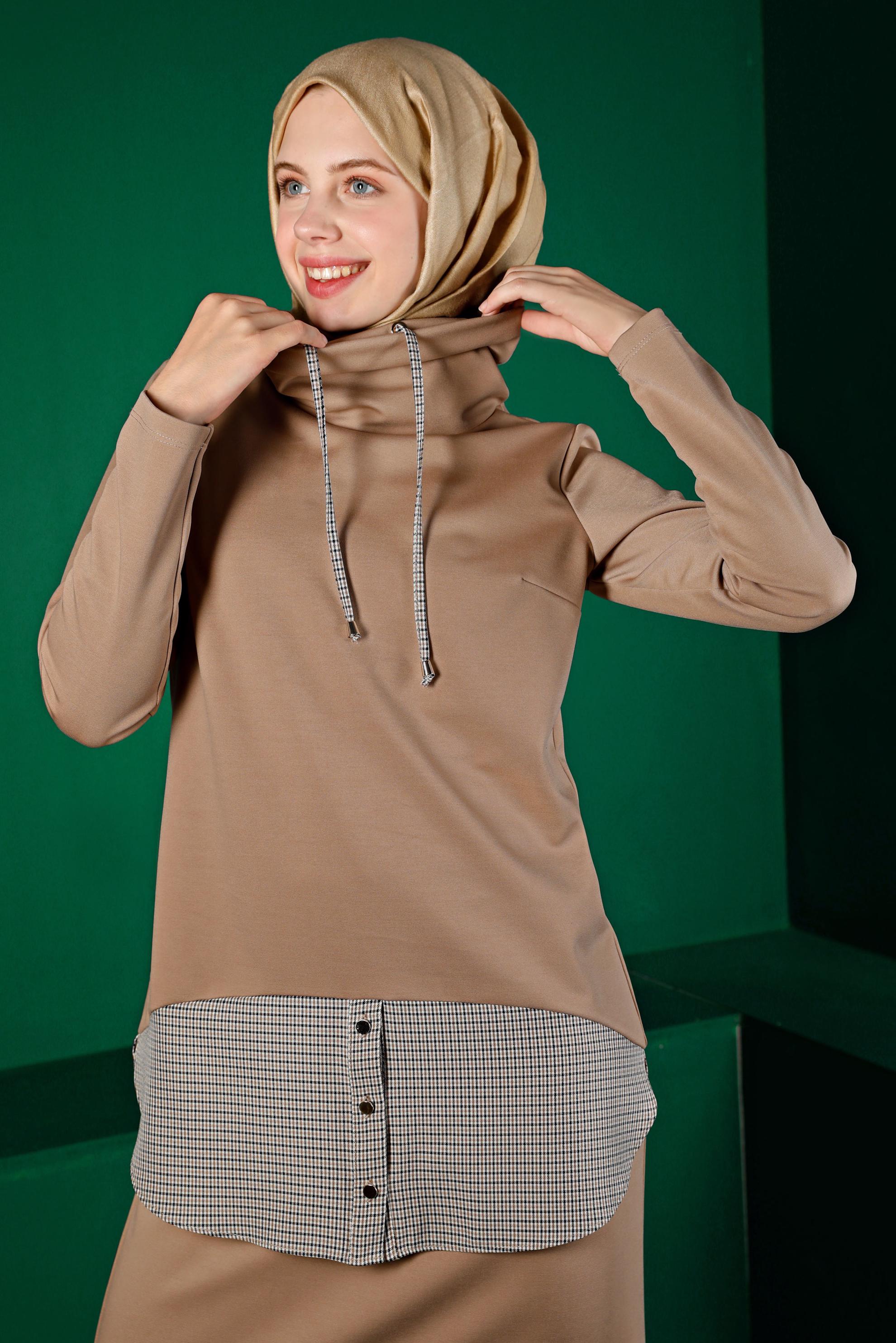 Tesettür giyim BEJ GÖMLEK PARÇA DETAYLI İKİLİ ETEKLİ TAKIM 43413