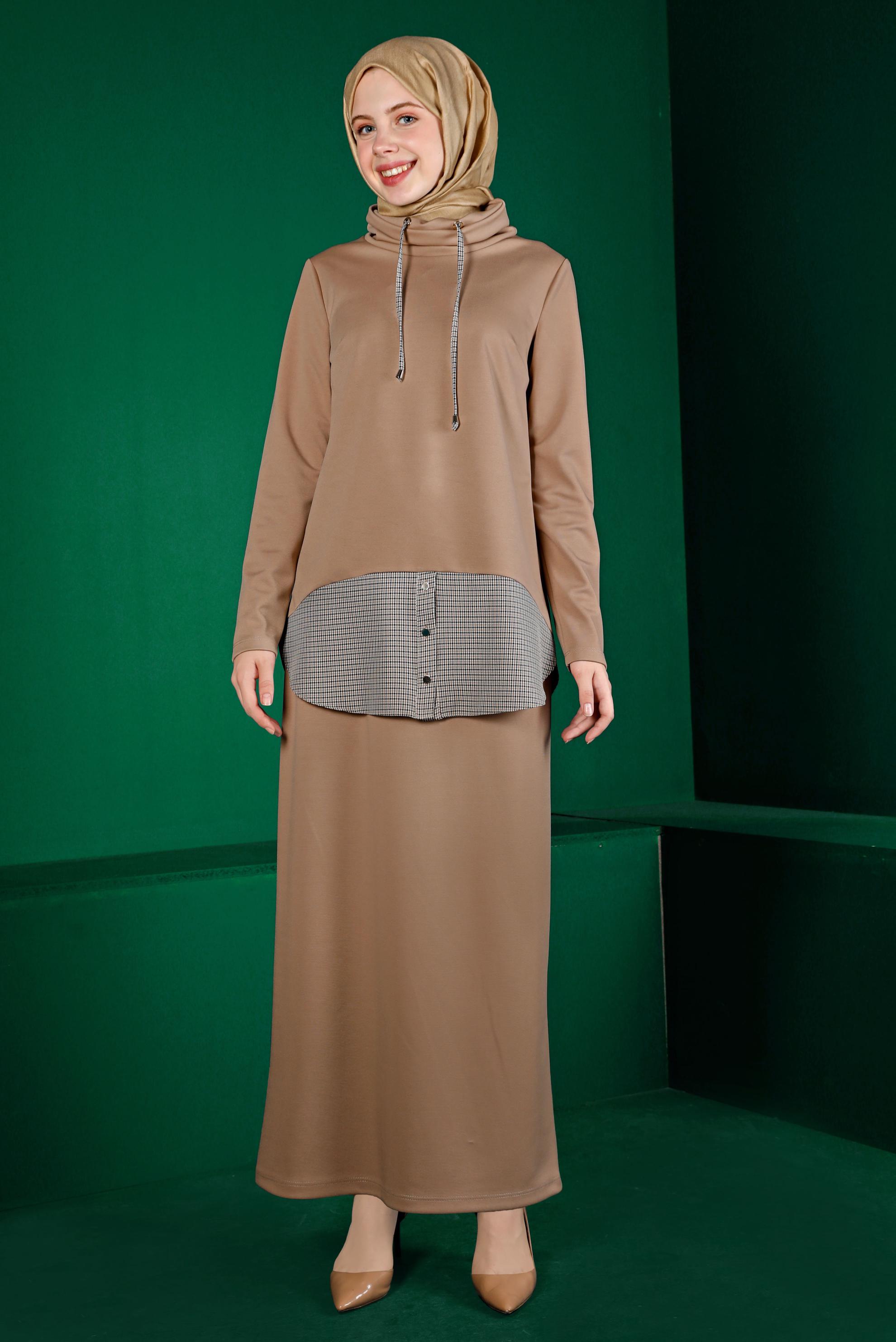 Tesettür giyim BEJ GÖMLEK PARÇA DETAYLI İKİLİ ETEKLİ TAKIM 43413