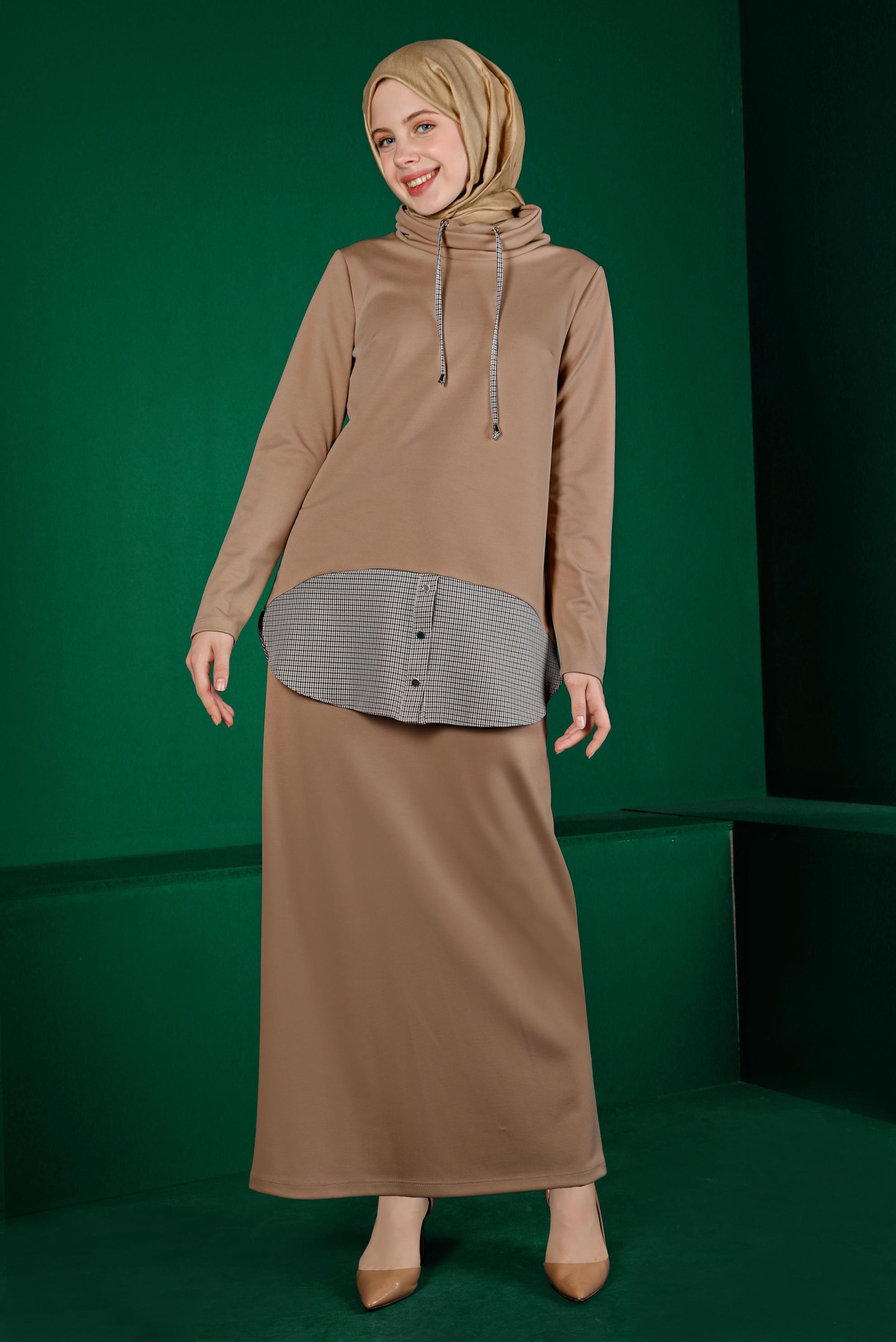 Tesettür giyim BEJ GÖMLEK PARÇA DETAYLI İKİLİ ETEKLİ TAKIM 43413