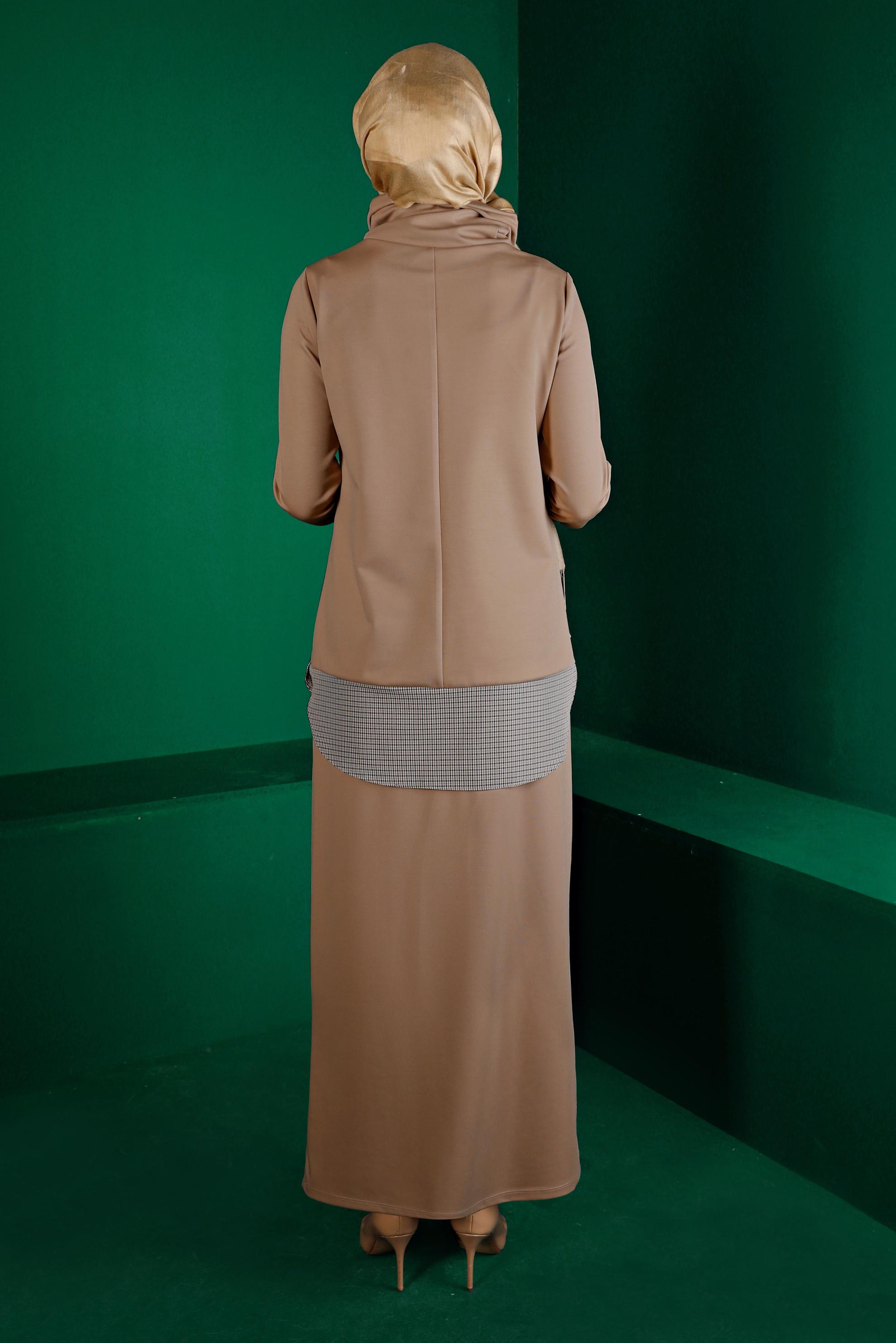 Tesettür giyim BEJ GÖMLEK PARÇA DETAYLI İKİLİ ETEKLİ TAKIM 43413