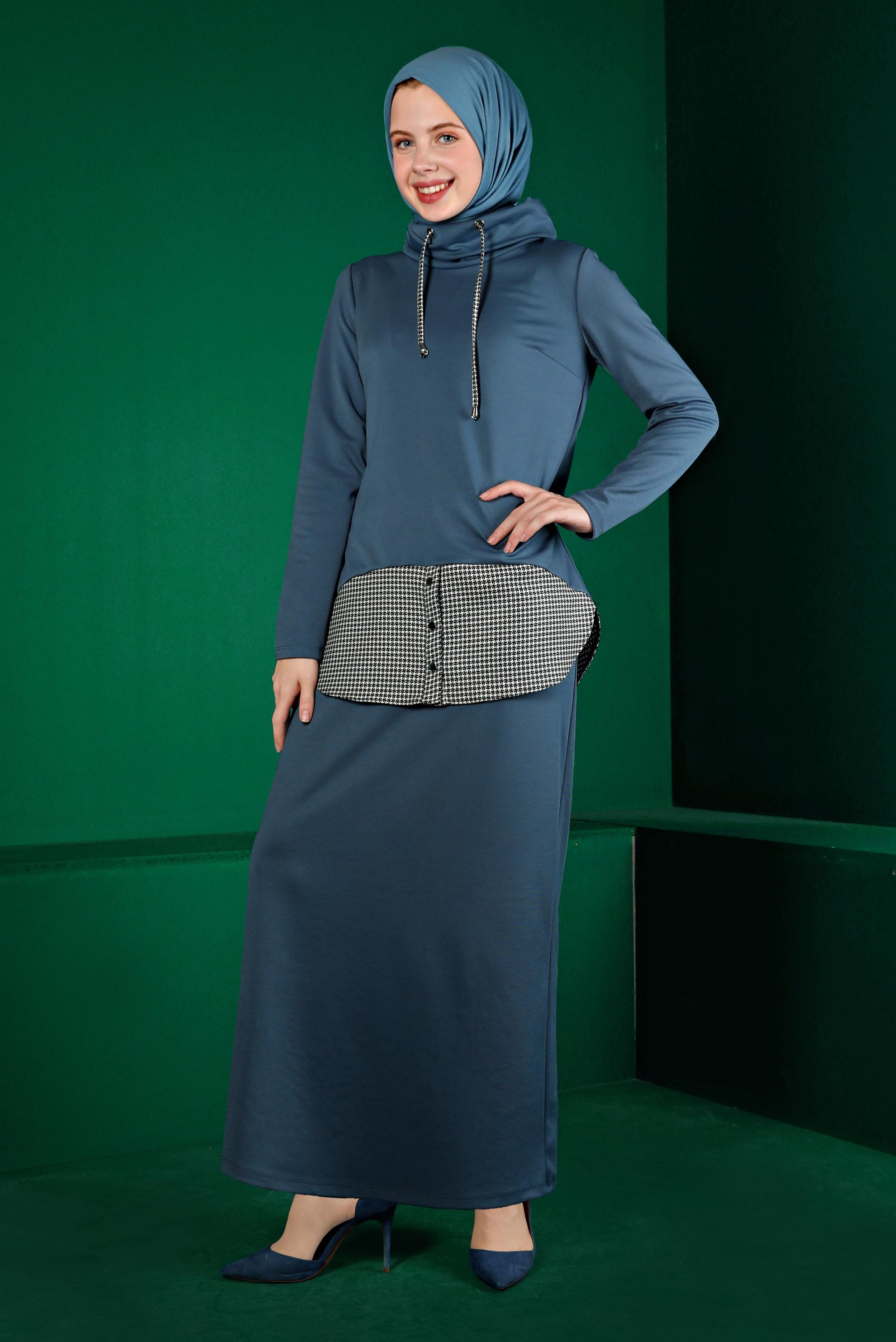 Vêtements hijab BLEU MARINE DÉTAIL CHEMISE COSTUME JUPE 2 PIÈCES 43413