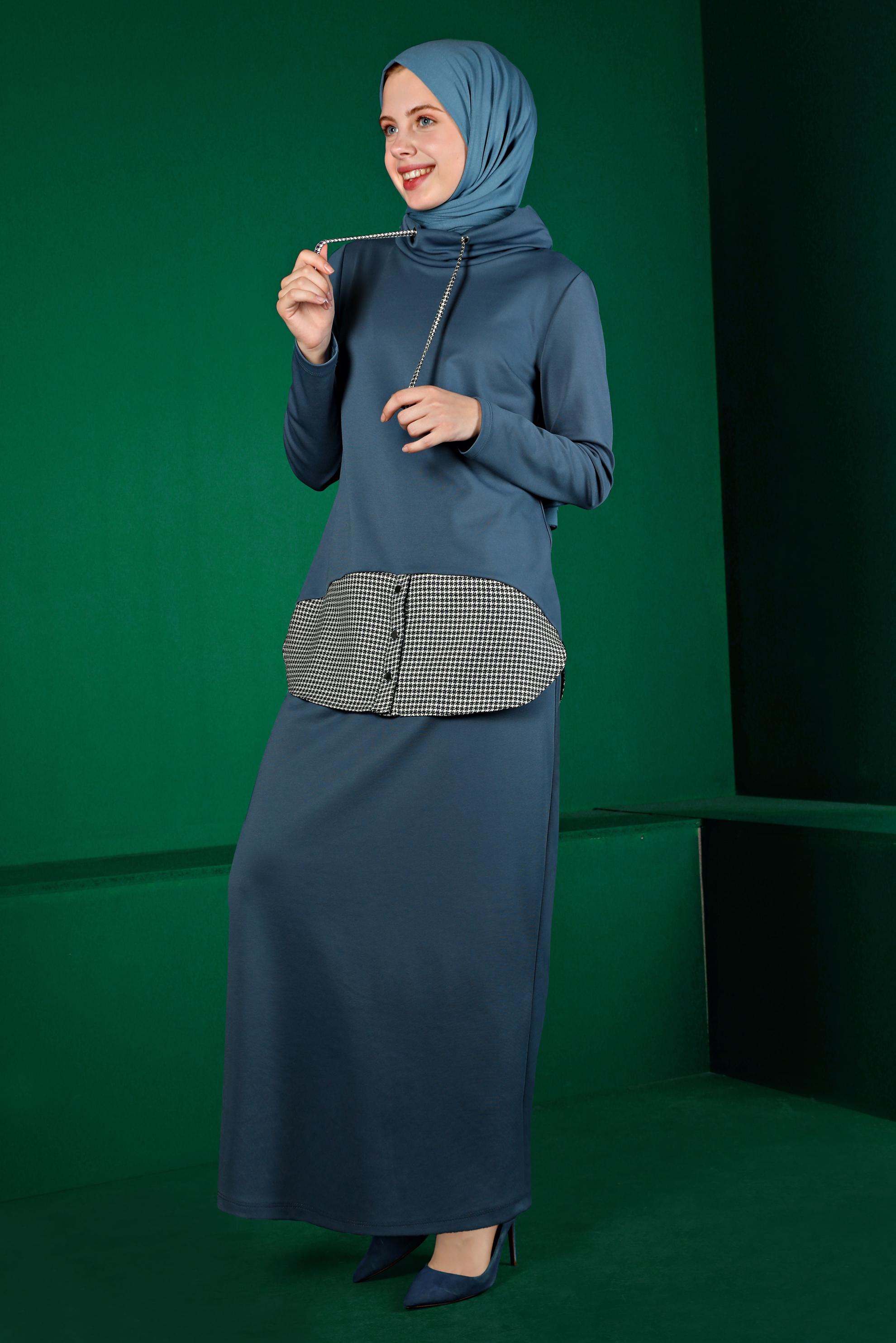 Vêtements hijab BLEU MARINE DÉTAIL CHEMISE COSTUME JUPE 2 PIÈCES 43413