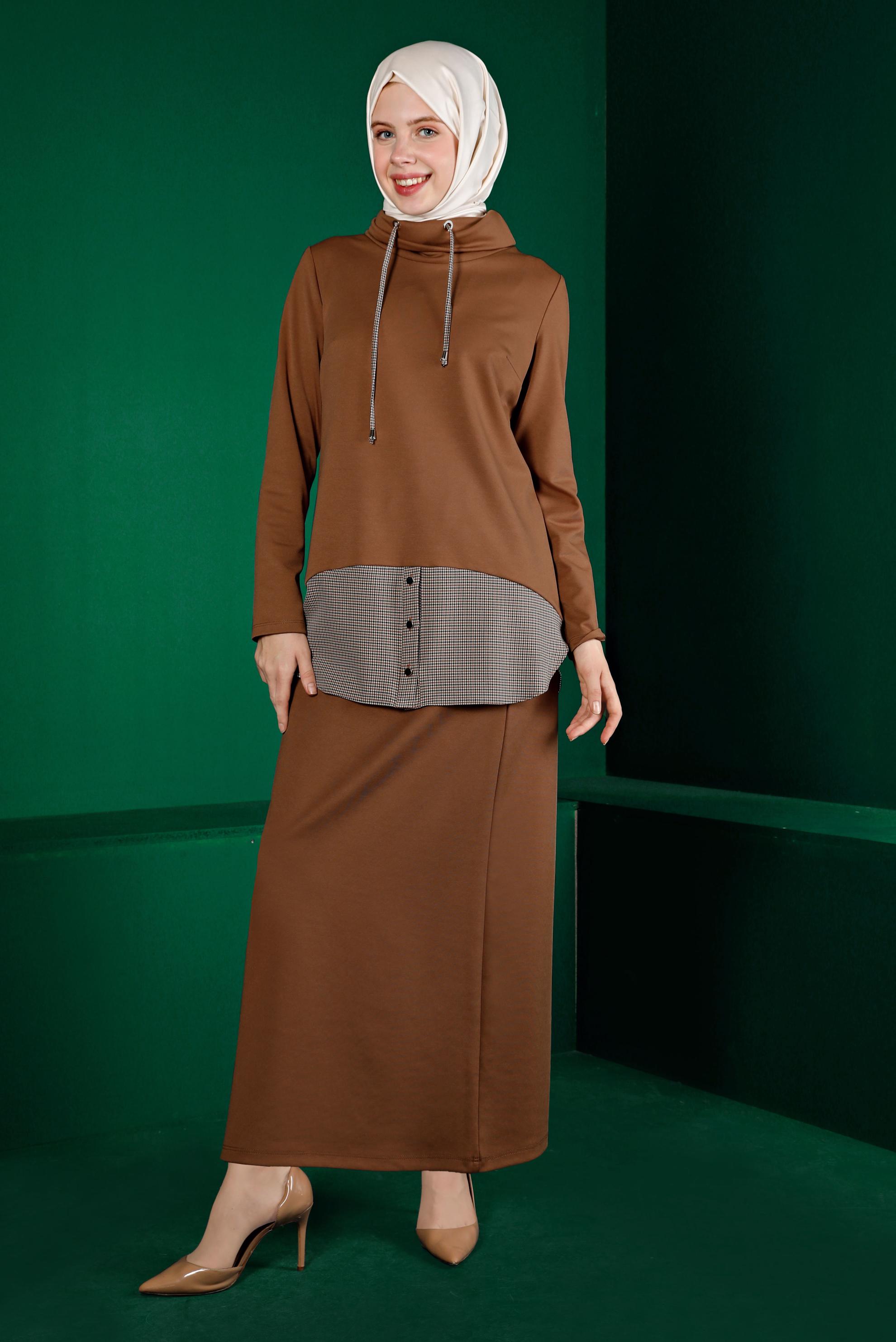 Tesettür giyim TABA GÖMLEK PARÇA DETAYLI İKİLİ ETEKLİ TAKIM 43413