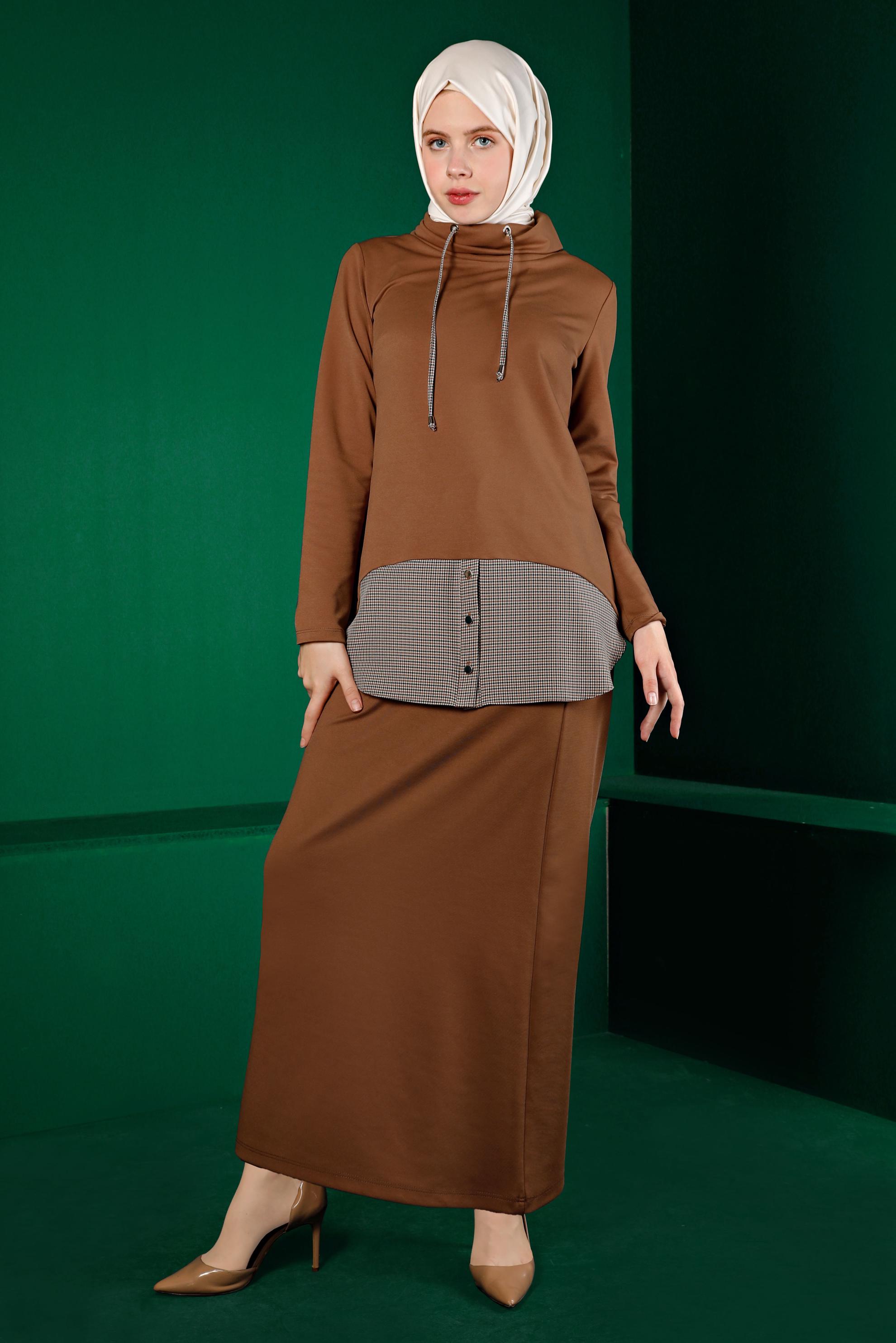 Tesettür giyim TABA GÖMLEK PARÇA DETAYLI İKİLİ ETEKLİ TAKIM 43413